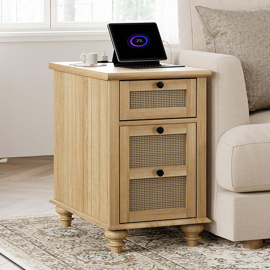 WAMPAT Farmhouse End Table with Charging Station, Rattan Side Table with Drawer & Storage Cabinet, Wooden Oak Nightstand with Power Outlets & USB Ports for Living Room, Bedroom, Burlywood