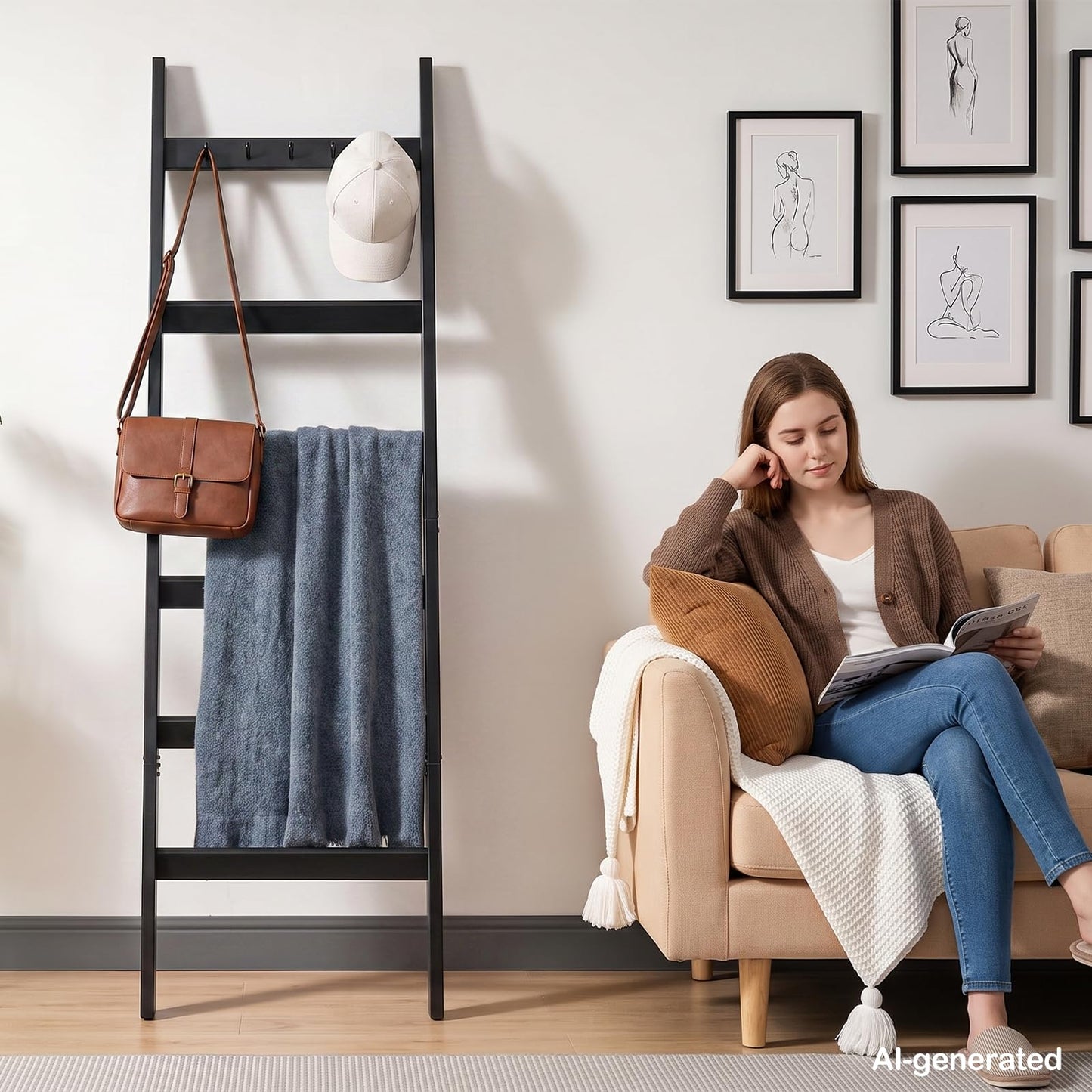 TEAKMAMA 6-Tier Blanket Ladder for Living Room and Bedroom,5.4 Ft Wall Leaning Quilt Rack with Hooks,Rustic Decorative Farmhouse Blanket Storage,Stylish Ladder Holder,Christmas Decorations,Black