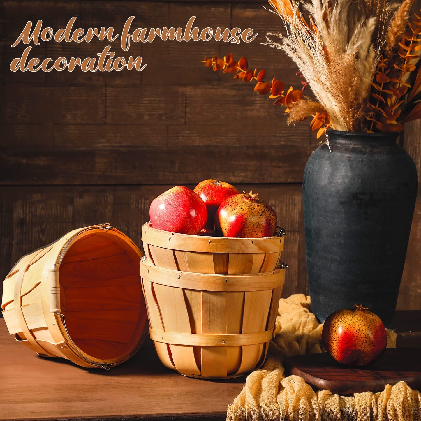 Eaasty 3 Pack Round Wooden Bushel Baskets Wood Fruit Buckets with Handle for Vegetable Snack Fall Holiday Farmhouse Garden Decoration, 4-quart Capacity, 6. 1 Inch Tall, 8 Inch Diameter
