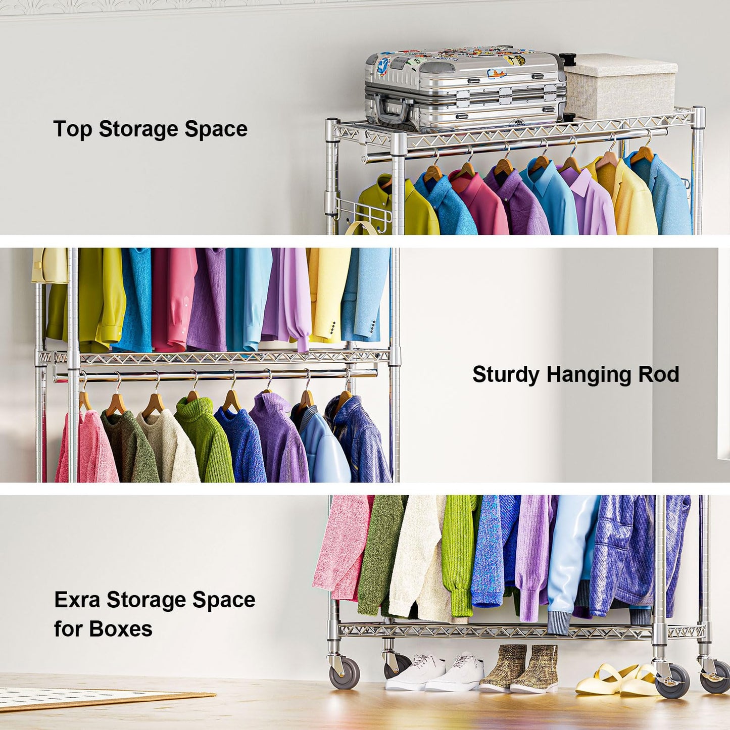 M MZG Heavy Duty Rolling Garment Rack 3 Tiers Adjustable Wire Shelving Clothes Rack with 2 Rods and Side Hooks,Storage Closet Clothing Rack with Wheels Chrome 15.7" D x 45.3" W x 79.6" H