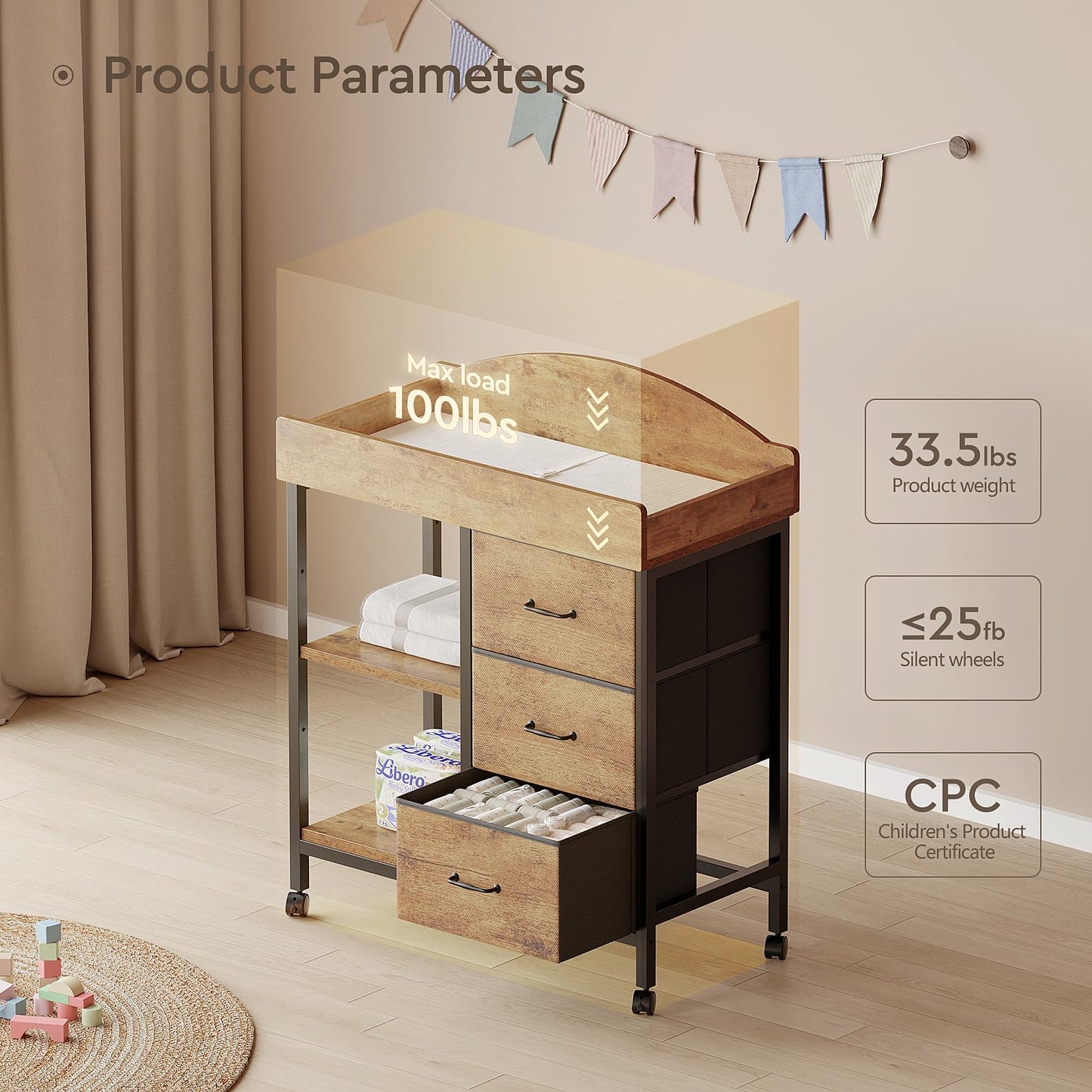 YeTom Changing Table Dresser, Baby Dresser with 3 Fabric Drawers and 2 Shelves, Multi-Functional Baby Changing Table with Pad, Classic Nursery Dresser, Diaper Changing Station, Rustic Brown