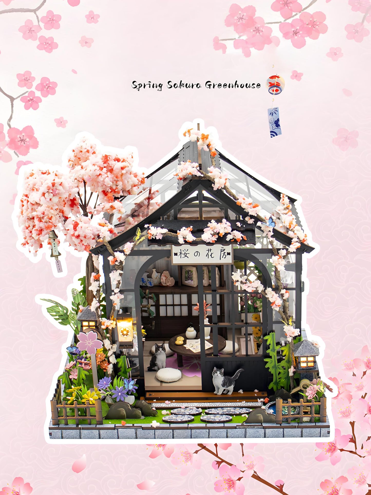 Ahilmrn DIY Miniature Dollhouse Kit Tiny 3D Wooden Puzzle Japanese Sakura Flower House with Furniture LED Light Creative Craft Gift for Adults Home Decor