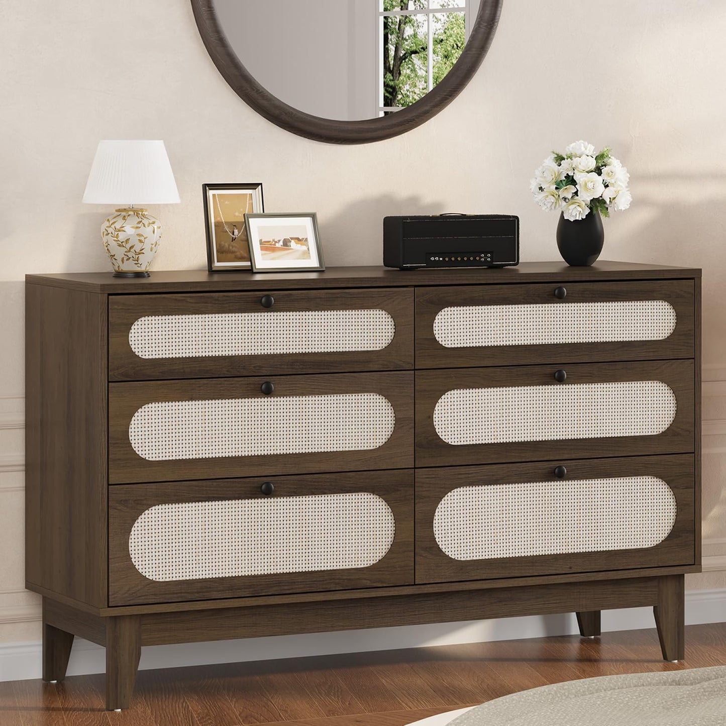 GarveeLife Rattan 6-Drawer Storage Dresser with USB Ports and Power Outlets, Wooden Chest for Bedroom and Living Room, Natural Oak Finish