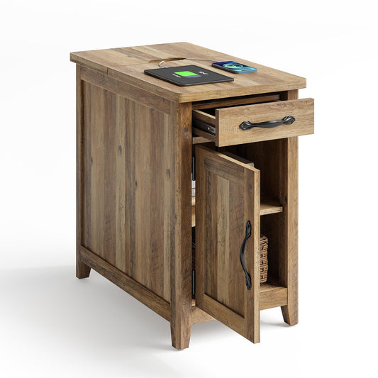 LINSY HOME End Table with Charging Station, Modern Farmhouse Wooden Side Table with Drawer, Detachable Holder, Extra Storage & Display Space, for Living Room and Bedroom, Wooden Door, Brown