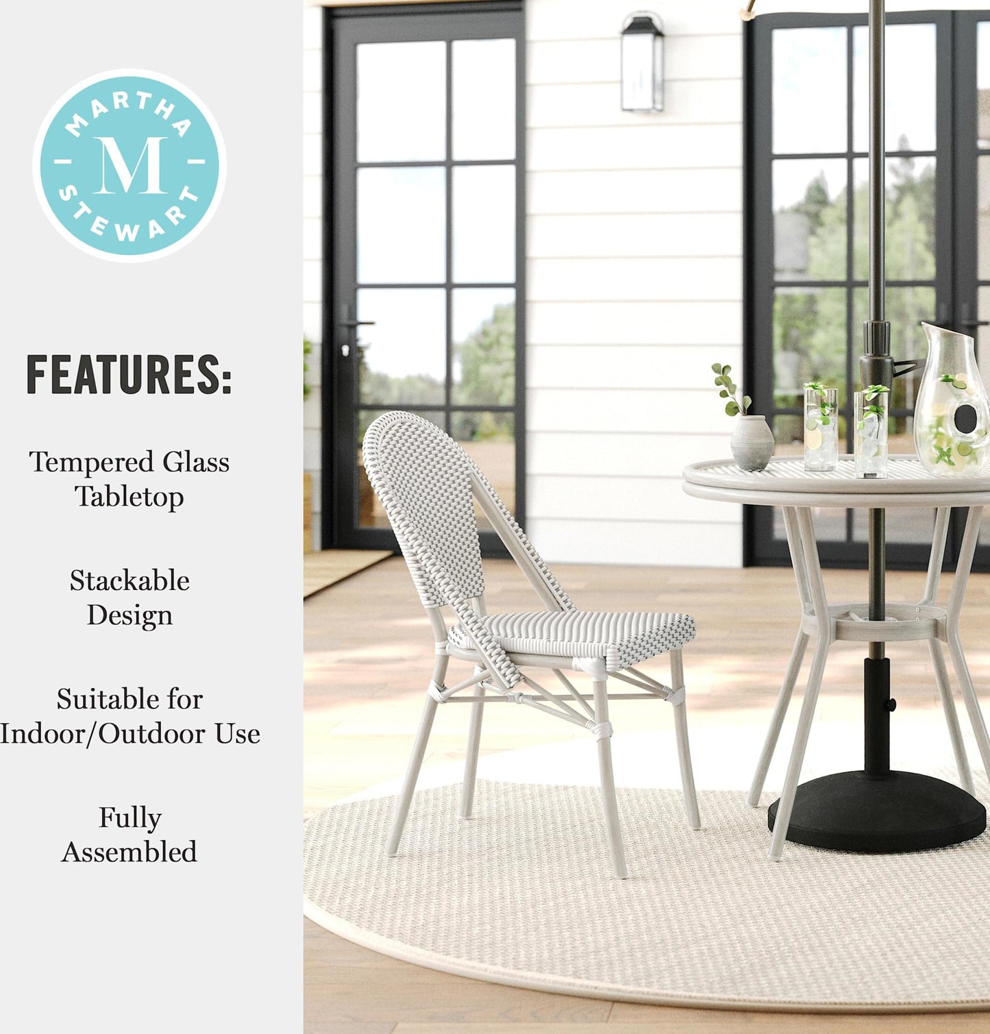 Martha Stewart Lily Pond 31” Round Indoor-Outdoor Bistro Dining Table with Aluminum Frame in Gray Woodgrain and Rattan Top in White/Gray with Tempered Glass Top