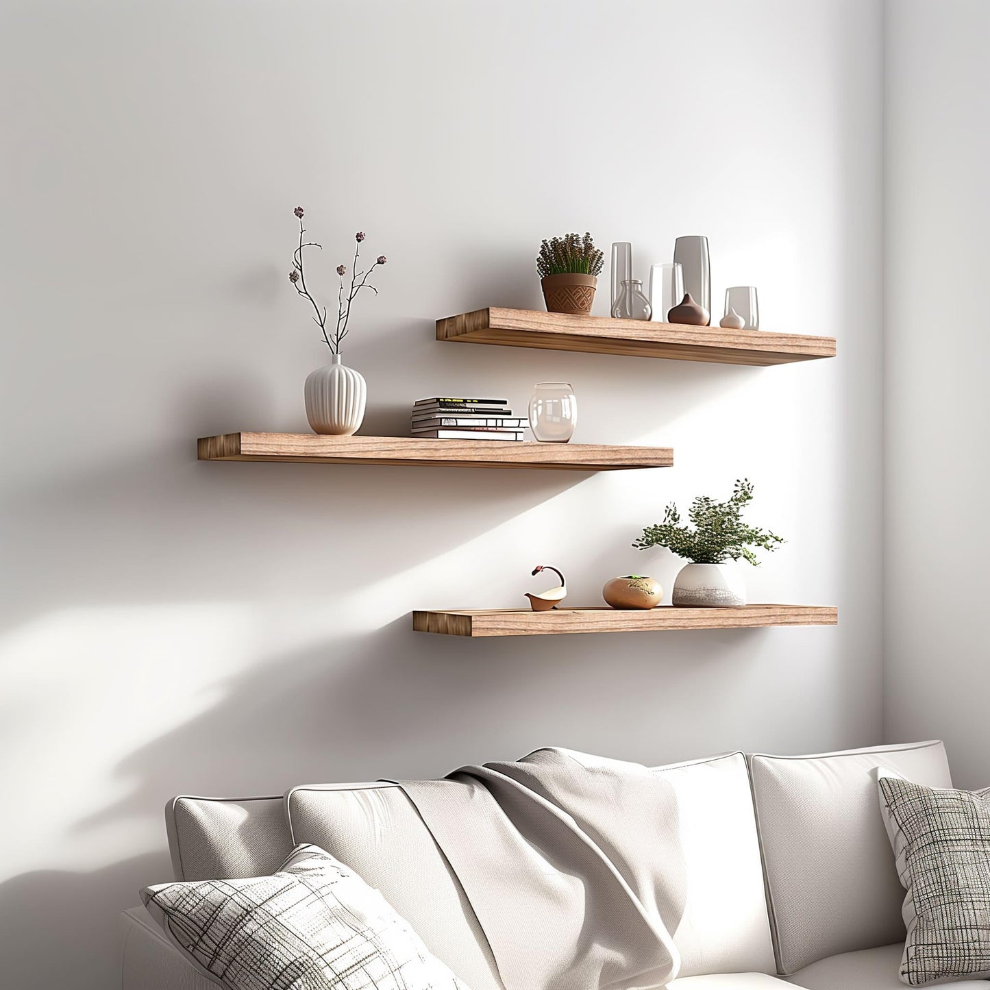 YYWUOJJ Wood Floating Shelves for Wall Decor, Rustic Wall Shelves for Bedroom Bathroom Kitchen Living Room, Set of 4 Light Walnut 24 Inch
