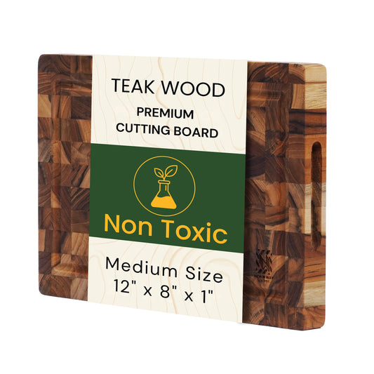 Premium End Grain Teak Cutting Board 12" x 8" x 1" with Handle & Juice Groove, Medium Thick Solid Non-toxic Wood Butcher Block for Meat, Fruit, Cheese & Kitchen Prep by New M Way