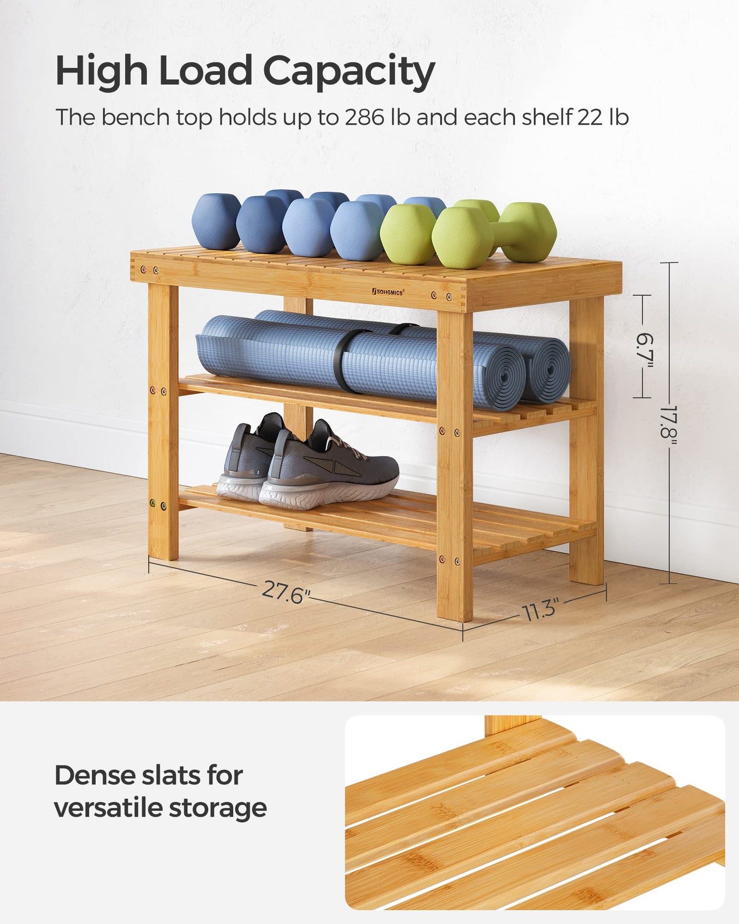 SONGMICS Shoe Rack Bench, 3-Tier Bamboo Shoe Storage Organizer, Entryway Bench, Holds Up to 286 lb, 11.3 x 27.6 x 17.8 Inches, for Entryway Bathroom Bedroom, Natural ULBS04N