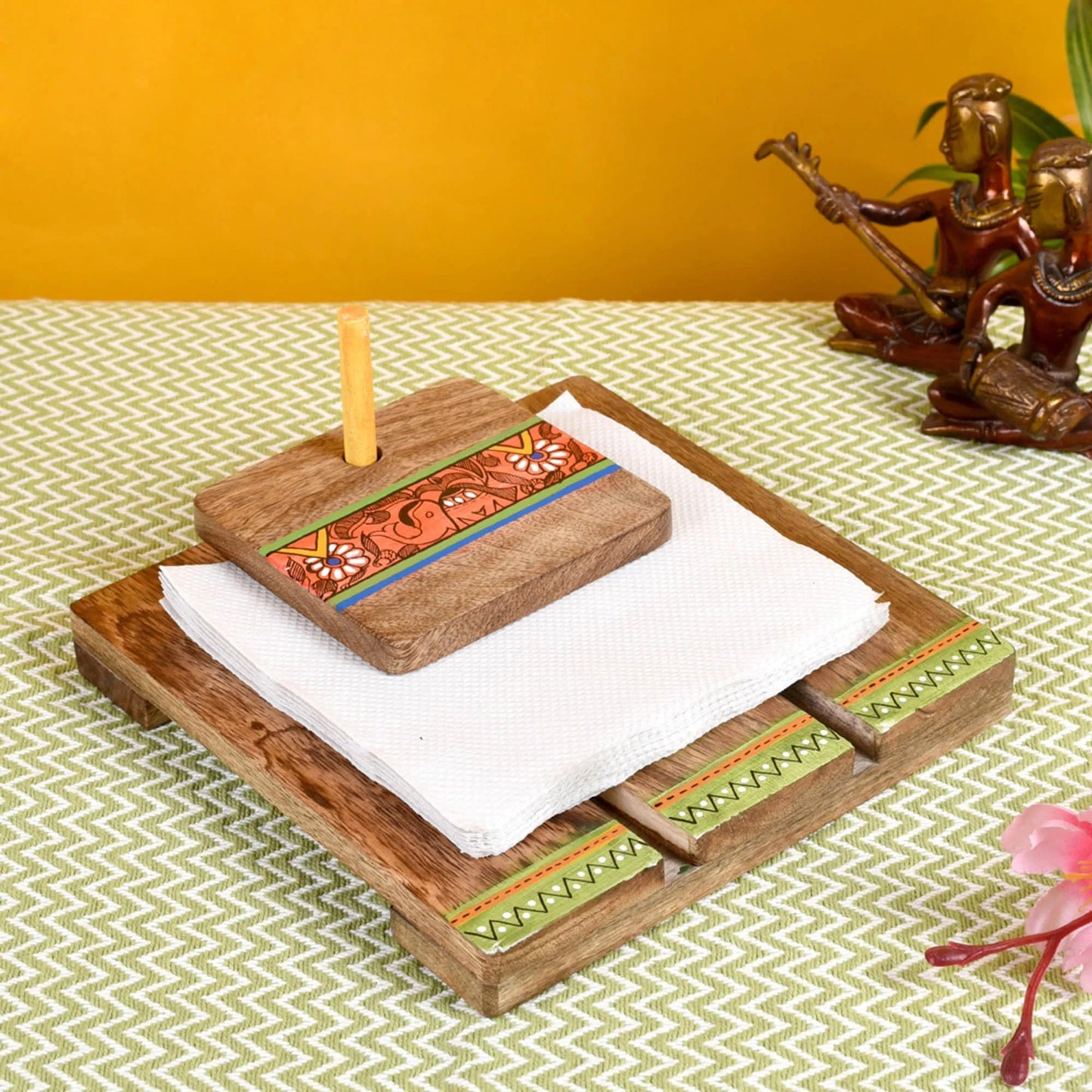 Handcrafted in Wood with Tribal Art Wooden Tissue Paper Holder for Table Kitchen Napkin Stand & Napkin Holder for Dining Table