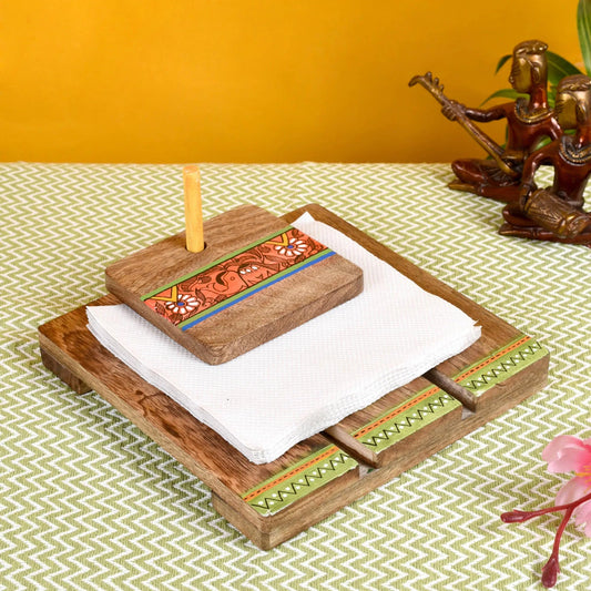Handcrafted in Wood with Tribal Art Wooden Tissue Paper Holder for Table Kitchen Napkin Stand & Napkin Holder for Dining Table