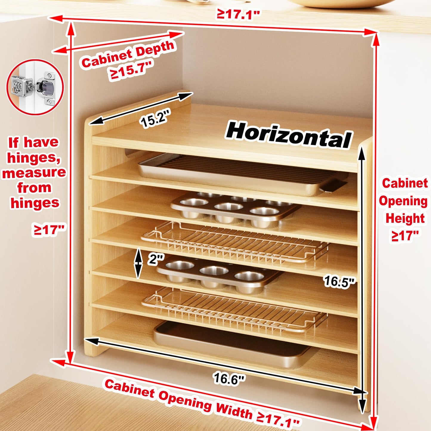 Sawjut 7 Tier Wooden Cookie Sheet Organizer for Cabinet Pot, Pans, Baking Tray Organizer for Kitchen Documents Storage(16.6" W x 16.5" H x 15.2" D)