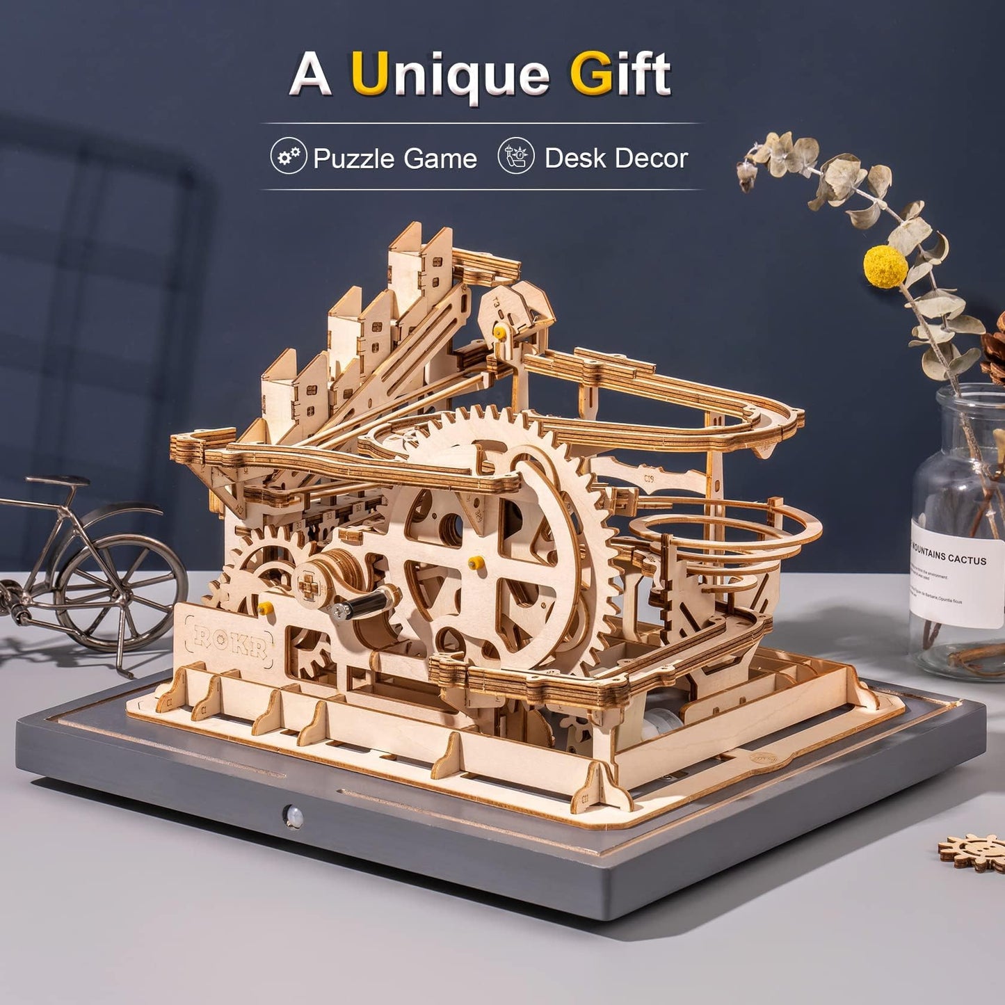 ROKR 3D Wooden Puzzles Marble Run Set - Mechanical Model Kit for Adults DIY Roller Coaster Toys Gifts for Adult (Marble Parkour)
