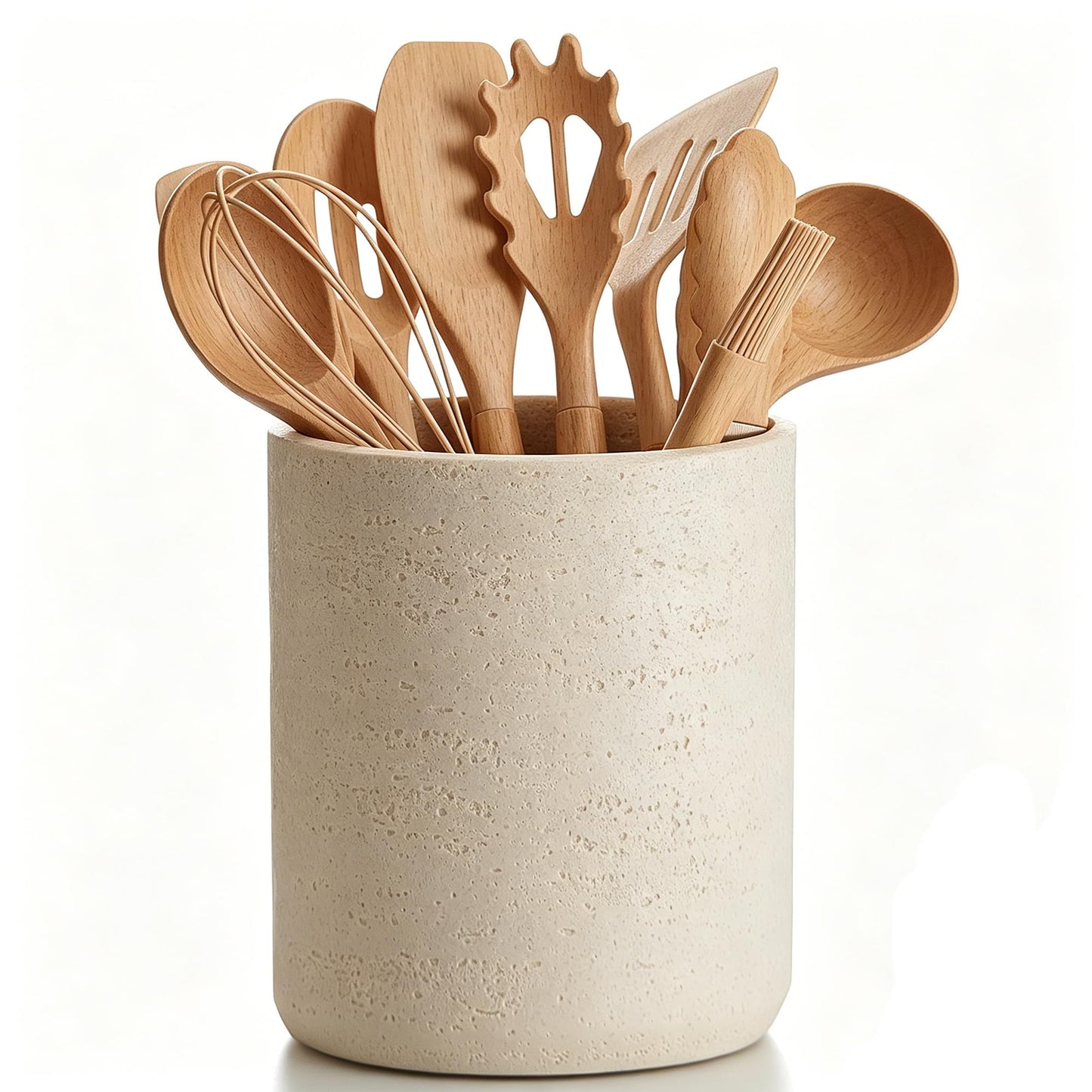 Rustic Beige Stone-Look Utensil Crock for Kitchen Counter – 6" x 7" Heavy Resin Holder with Non-Slip Base, Organizes Wooden Spatulas & Cooking Utensils, Farmhouse Kitchen Decor