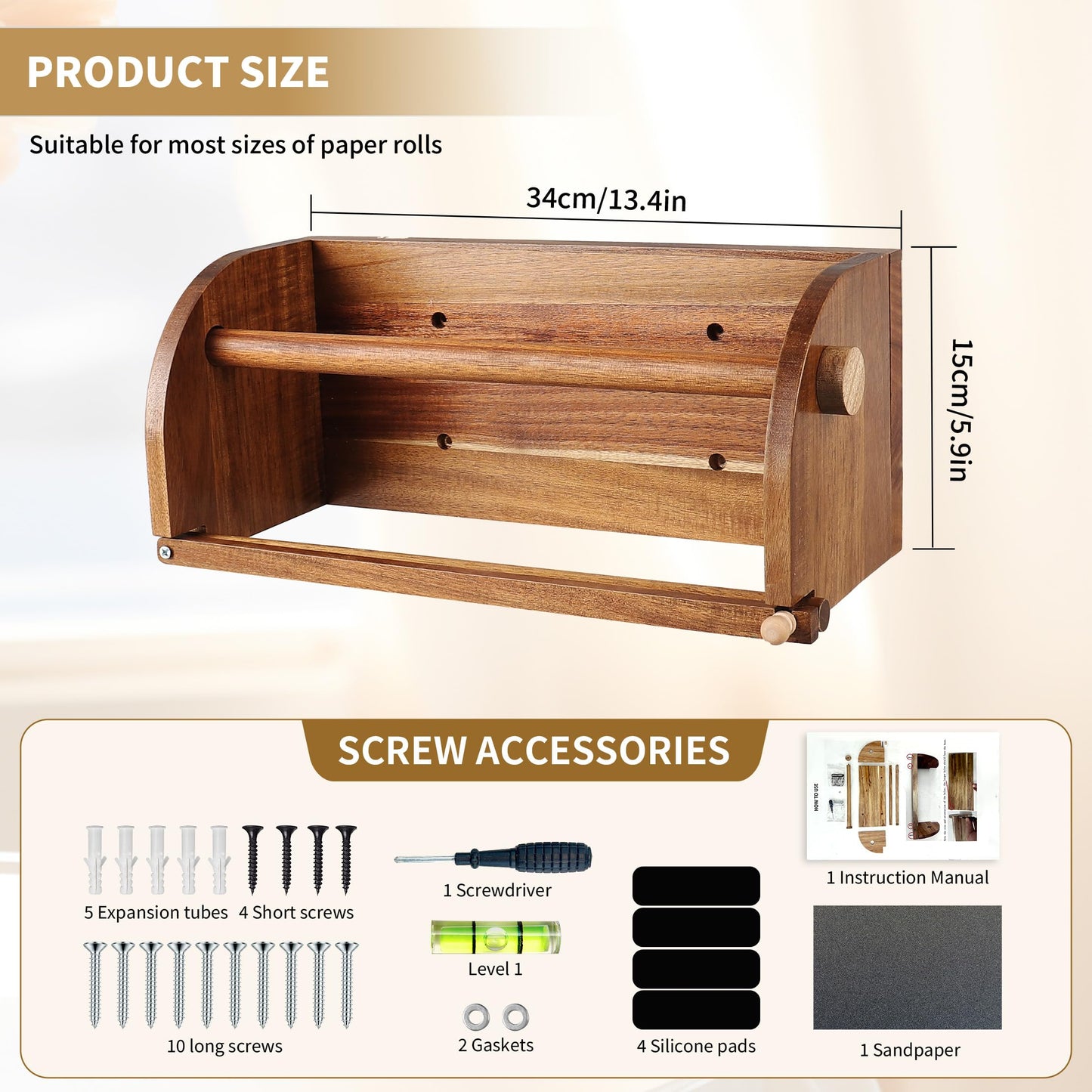 Extra Large Wooden Hanging Paper Towel Holder Wall Mount, Handmade Acacia Wood Farmhouse Paper Towel Holder, One Hand Tear Design, Wall Mount Countertop Under Cabinet Paper Towel Rack for Kitchen