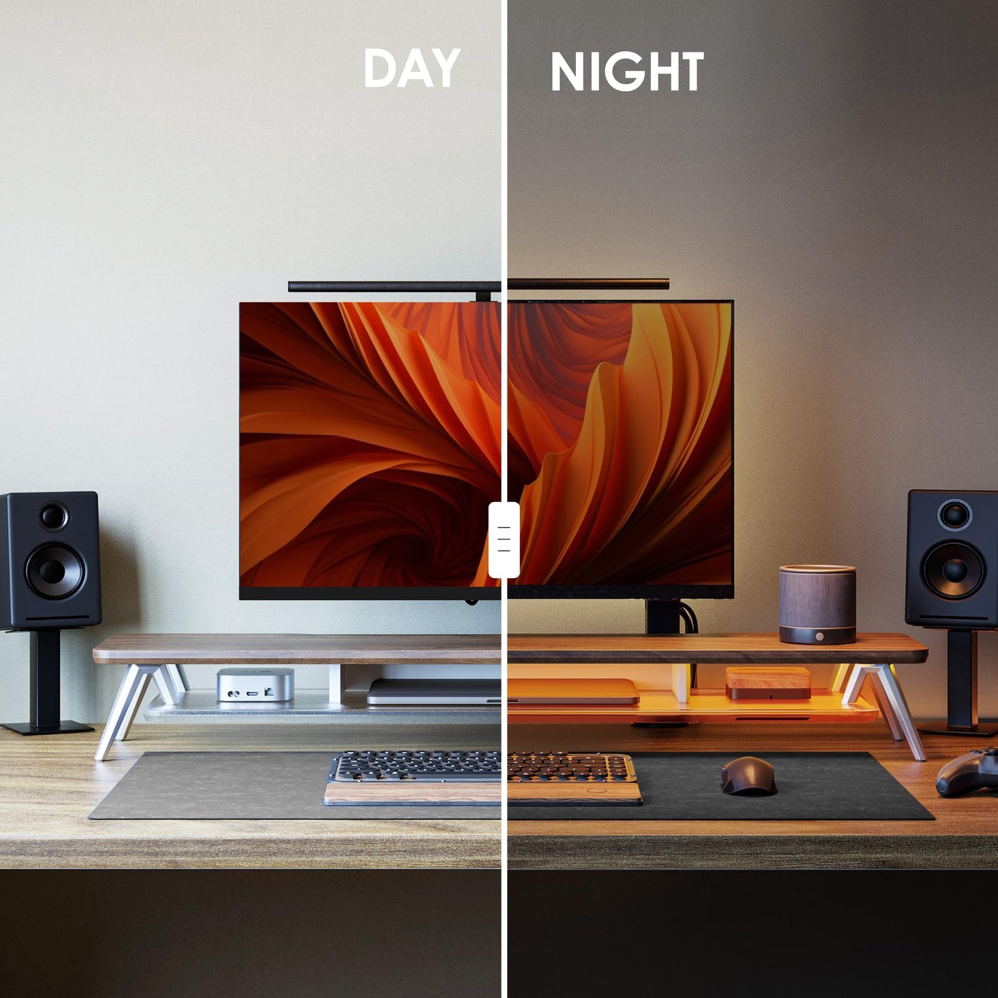 Fenge Dual Monitor Stand with 8-Mode LED Lights, 5.7" H Computer Monitor Riser with Acrylic Shelf & Aluminum Legs, Stable Desk Shelf Organizer for Computer Laptop Home Office & Gaming, Brown