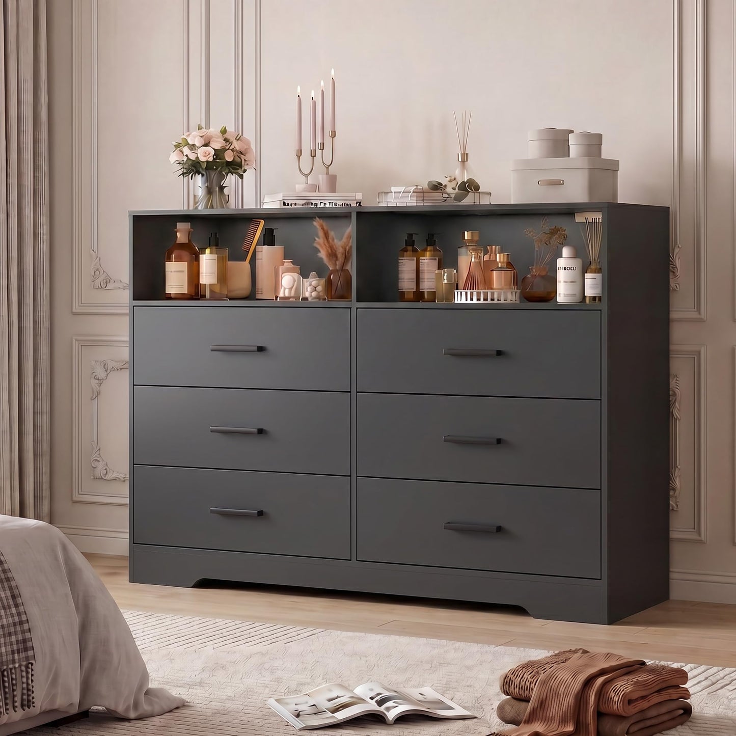 Garvee 6 Drawer Wooden Dressers for Bedroom with Charging Station & Open Shelf, 47" Wide Black Dresser, Wood Chest of Drawers with Deep Drawers, Modern TV Stand Storage Organizer for Living Room, Dorm