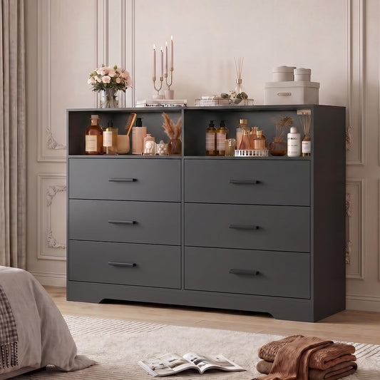 Garvee 6 Drawer Wooden Dressers for Bedroom with Charging Station & Open Shelf, 47" Wide Black Dresser, Wood Chest of Drawers with Deep Drawers, Modern TV Stand Storage Organizer for Living Room, Dorm