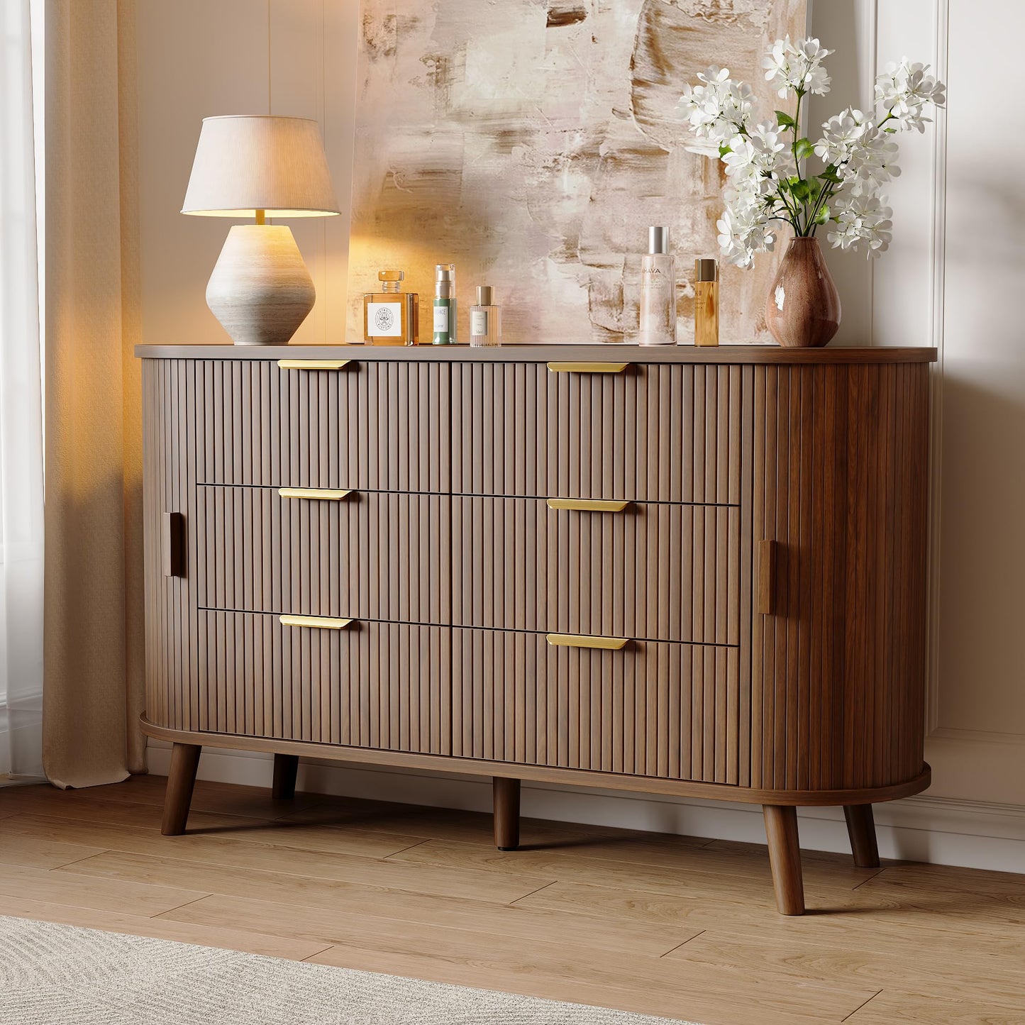 Decofy Fluted 6 Drawers Dresser, 55'' Wide Mid Century Modern Chest of Drawers with Sliding Door & Metal Handles, Curved Profile & Sturdy Legs, Wood TV Stand for Bedroom, Living Room (Walnut)