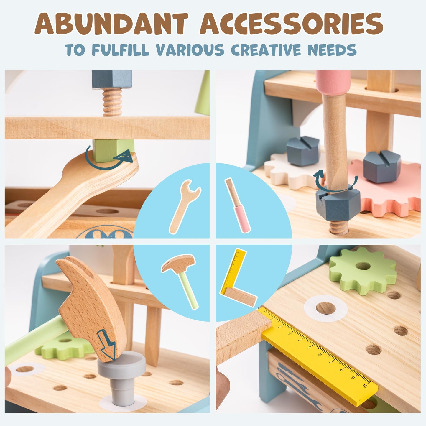 ROBUD Mini Wooden Play Tool Workbench Set for Kids Toddlers - Montessori Toys for 3 4 5 Years Old Boys Girls