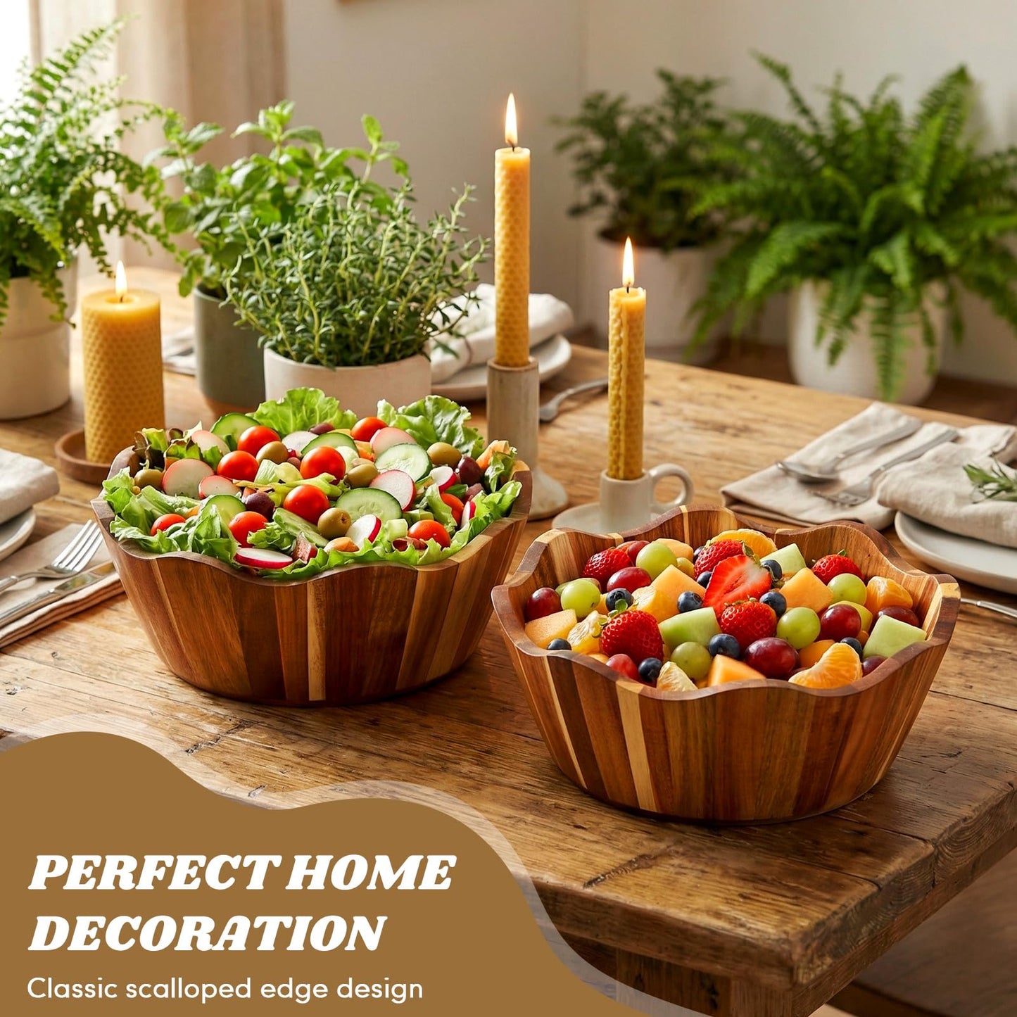 Ferrochef 2 Pcs Scalloped Decorative Wooden Bowl 12 Inch Acacia Wood Fruit & Serving Bowl Handcrafted Rustic Decorative Bowls for Fruit, Salad, Snacks and Home Kitchen Counter Decor Wedding Decor