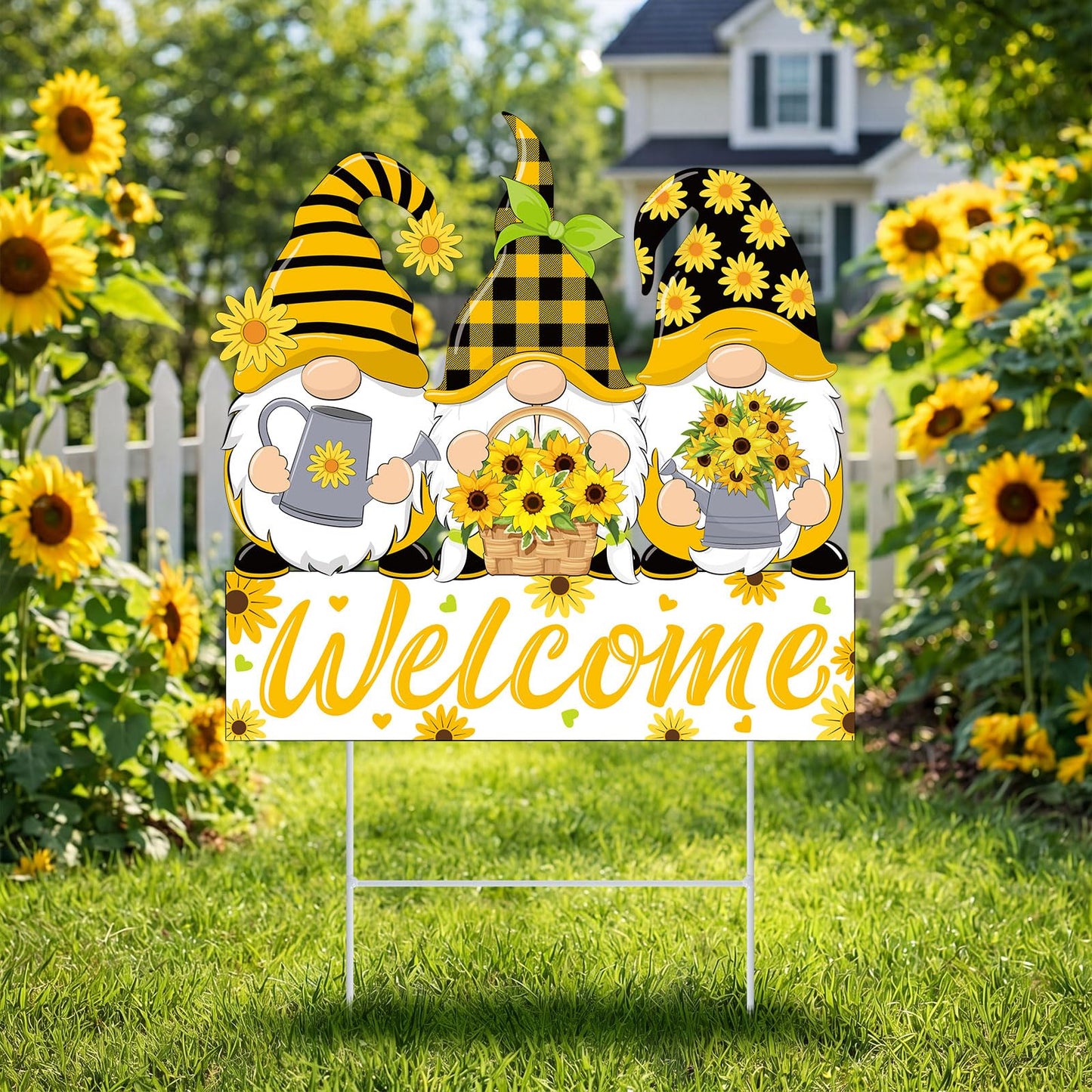 Yookeer Summer Sunflower Gnome Decorations Outdoor Metal Sunflower Gnome Decorative Garden Stakes Summer Welcome Yard Sign for Outside Porch Patio Lawn Decor