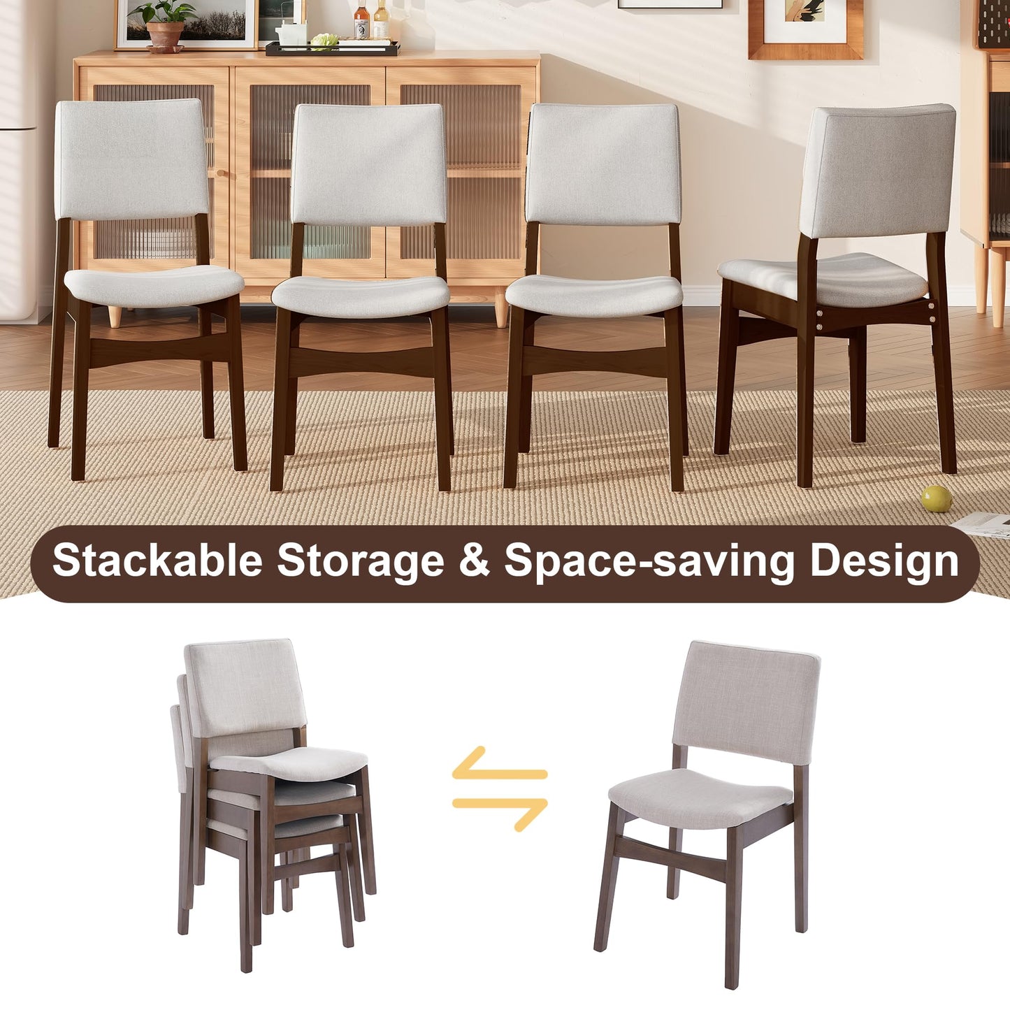 Upholstered Stackable Dining Chairs Set of 2 Linen Fabric Seat Backrest, Solid Wood Frame, Rustic Kitchen Chairs for Dining Room, Living Room, Dark Walnut