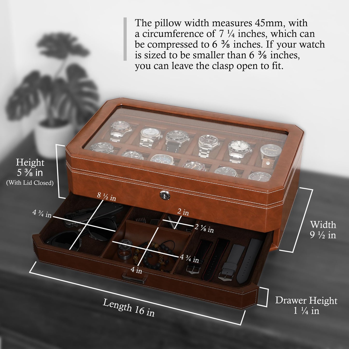 ROTHWELL 12 Slot Leather Watch Box with Valet Drawer - 12 Slot Luxury Watch Case Display Organizer, Microsuede Liner, Mens Accessories Holder, Jewelry Case, Jewelry Display Organizer (Tan/Brown)