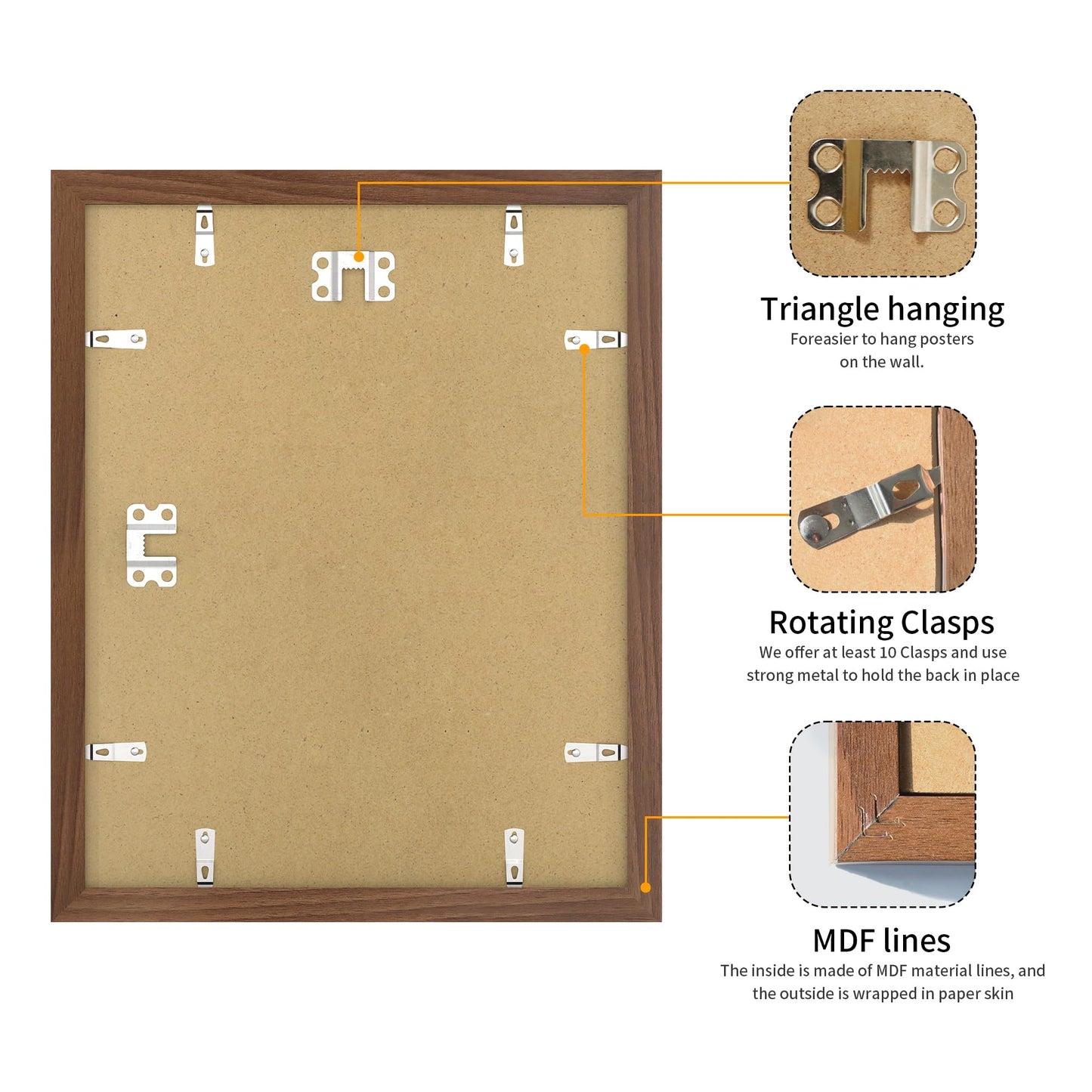 YESKAY 11x14 Picture Frame 3 Pack,Brown Wooden Frame with Tempered Glass,Display Pictures 8x10 with Mat or 11 x 14 Without Mat,11 by 14 Photo Frame for Wall Hanging