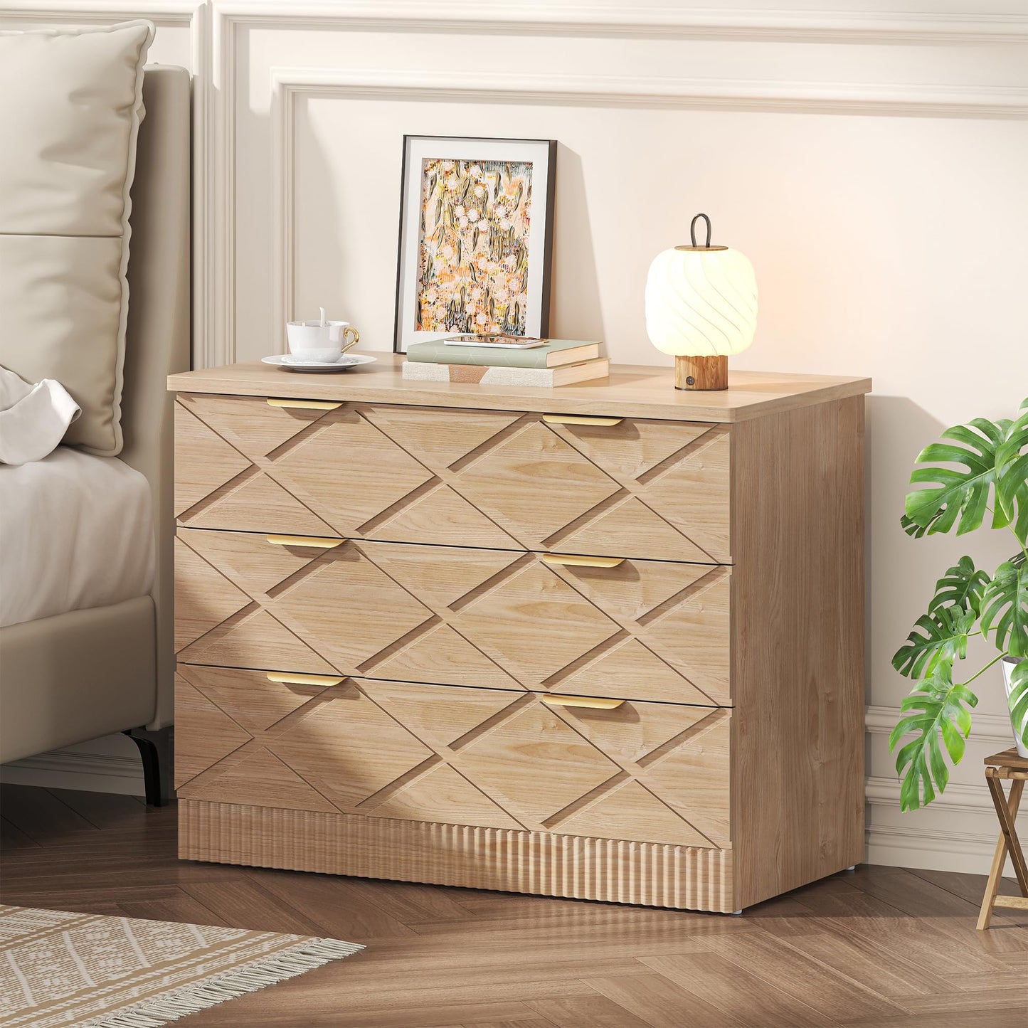 kepptory 32" Wide Nightstand with 3 Storage Drawers, Large Side Table with Carved Diamond Design and Fluted Wave, Wooden Night Stand Bedside End Table, Easy Assembly and Anti-Tipping Device (Natural)