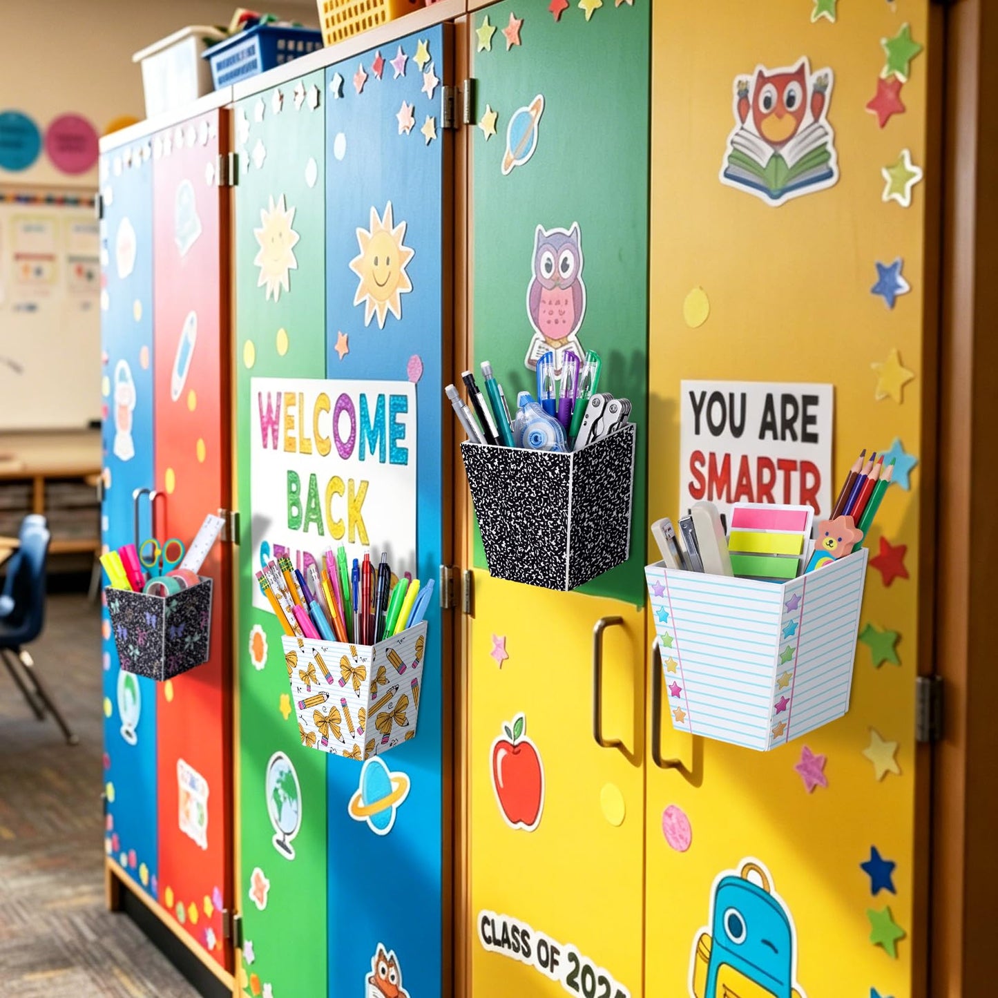 Leinuosen 4 Pack Back to School Pencil Holder Composition Notebook Classroom Decor Pencil Dispenser with Bow Star Wooden Wall Mount Pen Organizers with Foam Adhesive for Teacher First Day of School