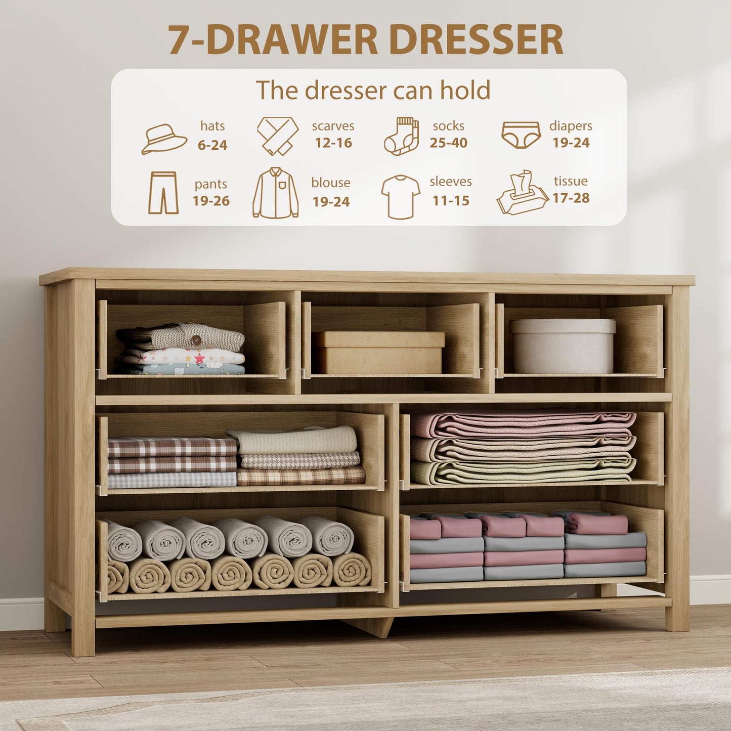 Garvee 7 Drawer Dresser, 54" Wide Rattan Chest, Natural Oak Finish