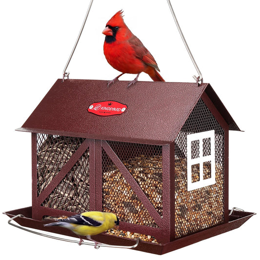 Kingsyard Metal Bird Feeder for Outdoors Hanging, 2-in-1 Wild Bird Feeder with Seed Tray & Built-in Perch, 5 lb Large Capacity for Cardinal Chickadee Finch, Bronze