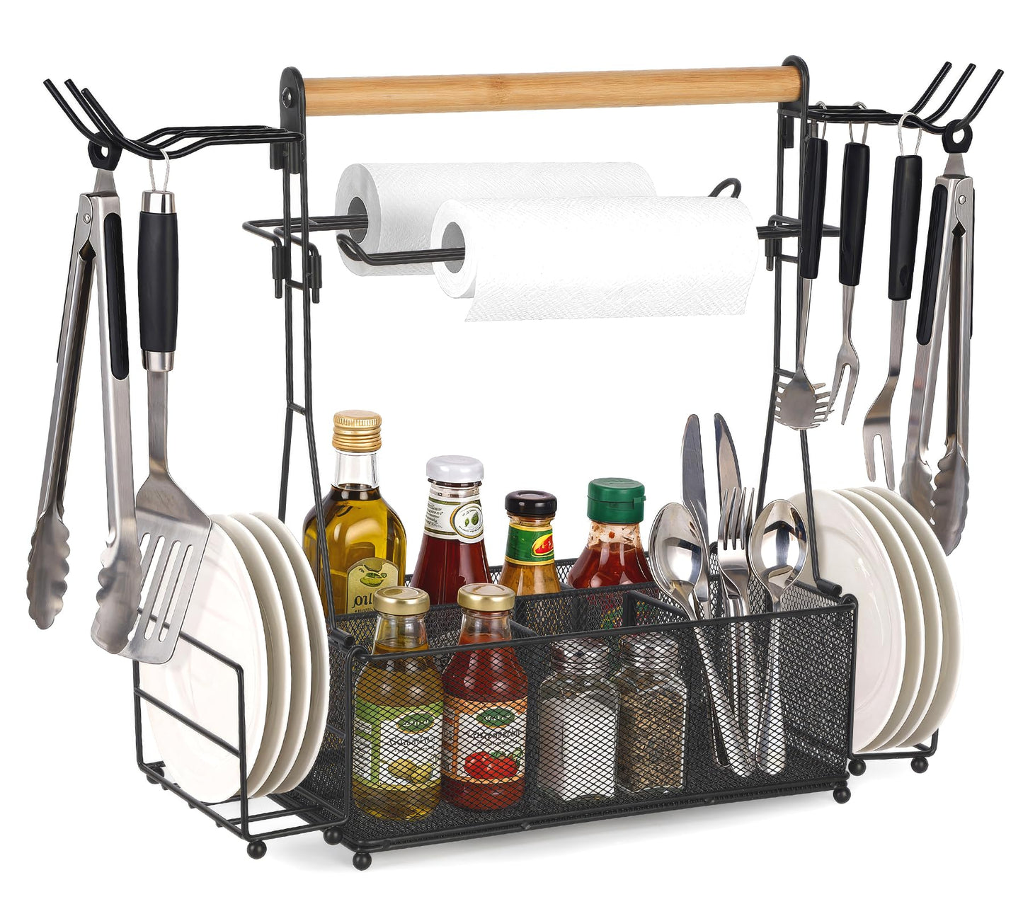 PWSOMJ Grill Caddy Barbecue Tool Sets for Outdoor Grill, Picnic BBQ Caddy Picnic Utensil Condiment Organizer, BBQ Accessories Camping Gifts with Paper Towel Holders, Compartments & Hooks