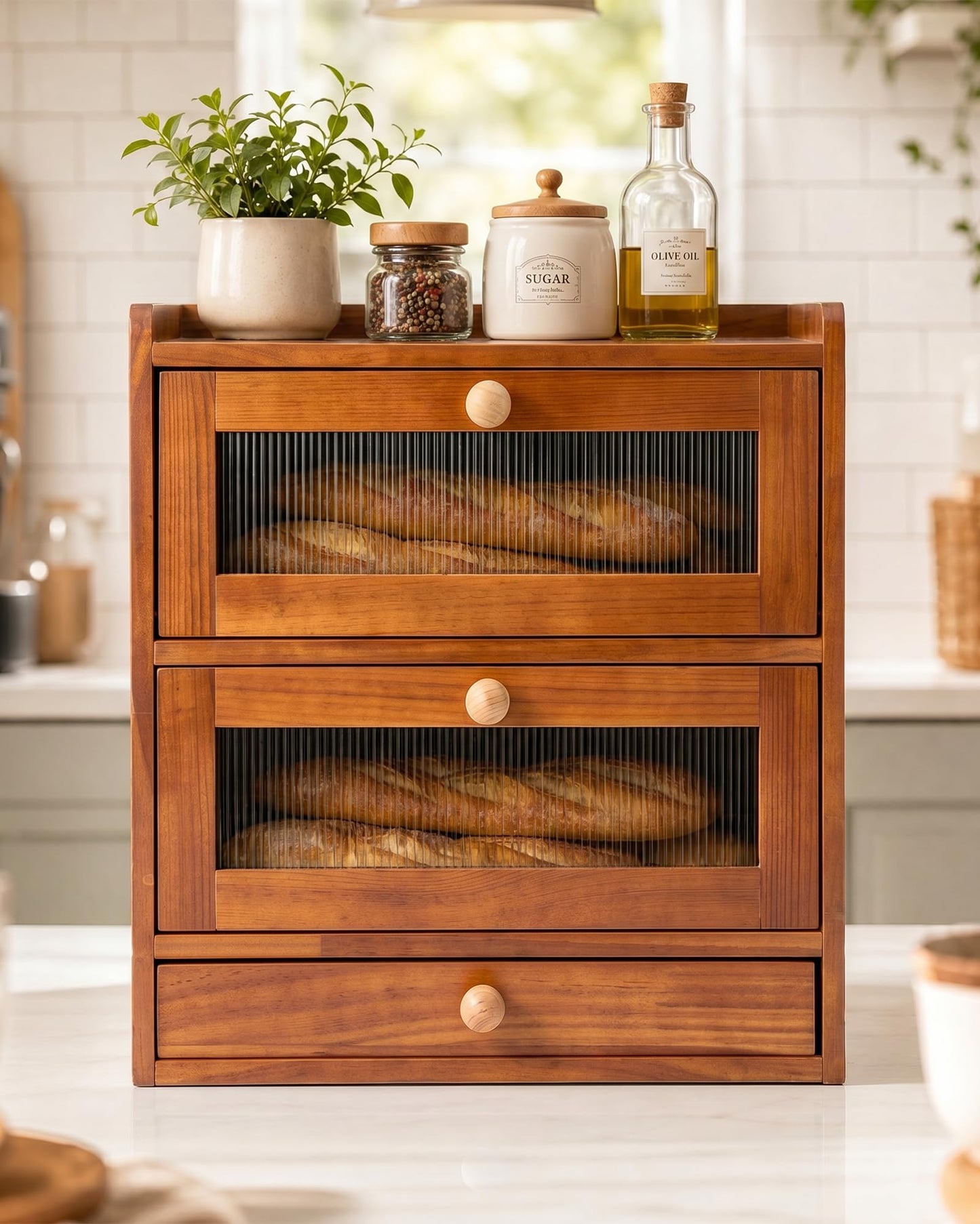 Natapai Wooden Bread Storage Box For Kitchen Countertops, Double-Layered Large-Capacity Bread Box With Acrylic Viewing Window And Cutlery Storage Box-Cherry Wood Color