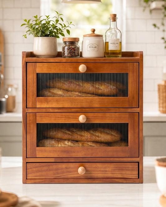 Natapai Wooden Bread Storage Box For Kitchen Countertops, Double-Layered Large-Capacity Bread Box With Acrylic Viewing Window And Cutlery Storage Box-Cherry Wood Color