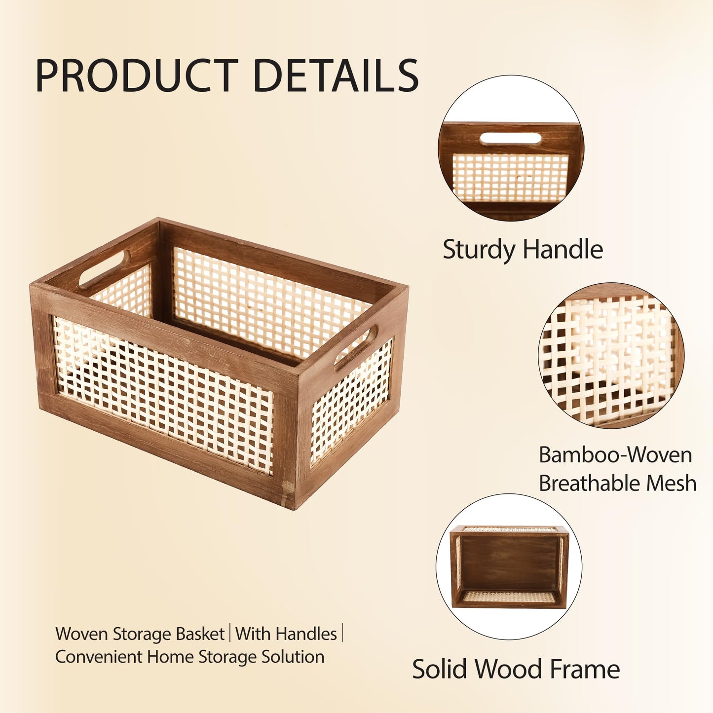HODAKJUE Boho Wooden Storage Basket with Bamboo Woven Panel, Decorative Handle Organizer Bin for Shelves, Kitchen, Pantry, Closet & Countertop, 11.81 x 7.87 x 5.51 Inch