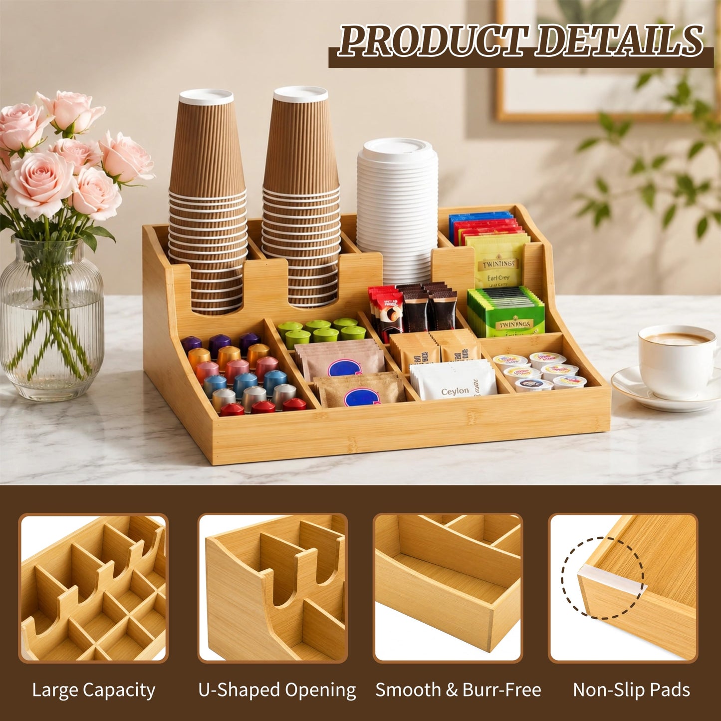 Mezchi 13-compartment Coffee Condiment Organizer, Bamboo Tea Station Organizer Caddy for Countertop, Coffee Bar Storage Accessories for Tea Bags, Cups, Pods, Creamer, Syrup