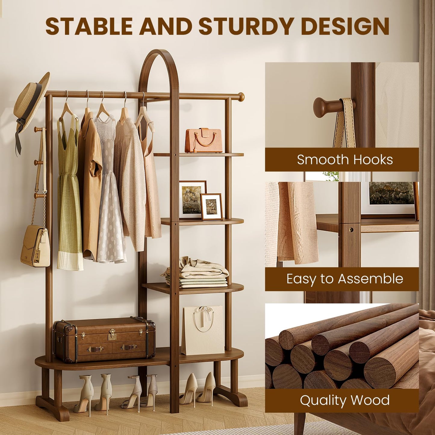 HOTAMO 41.3" Wide 3-in-1 Freestanding Clothing Rack, Wooden Coat Rack with 4 Shelves and 5 Hooks, Solid Rubber Wood Coat Rack with Shelves for Entryway, Bedroom, Living Room, Walnut