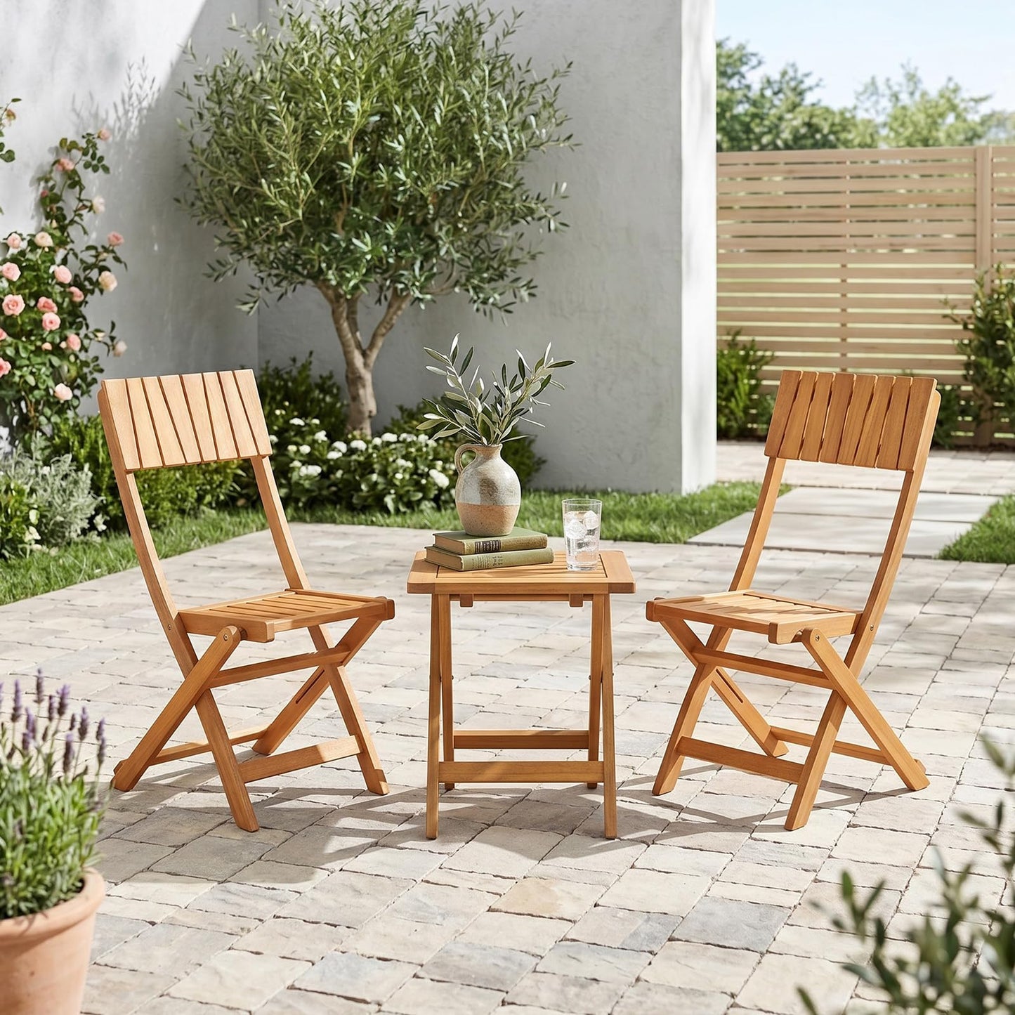 Tangkula Wood Foldable Patio Chairs Set of 2, Portable No Assembly Outdoor Bistro Chairs with Slatted High Backrest & Seat, Space-Saving Patio Seating for Porch, Garden, Backyard, Poolside & Lawn