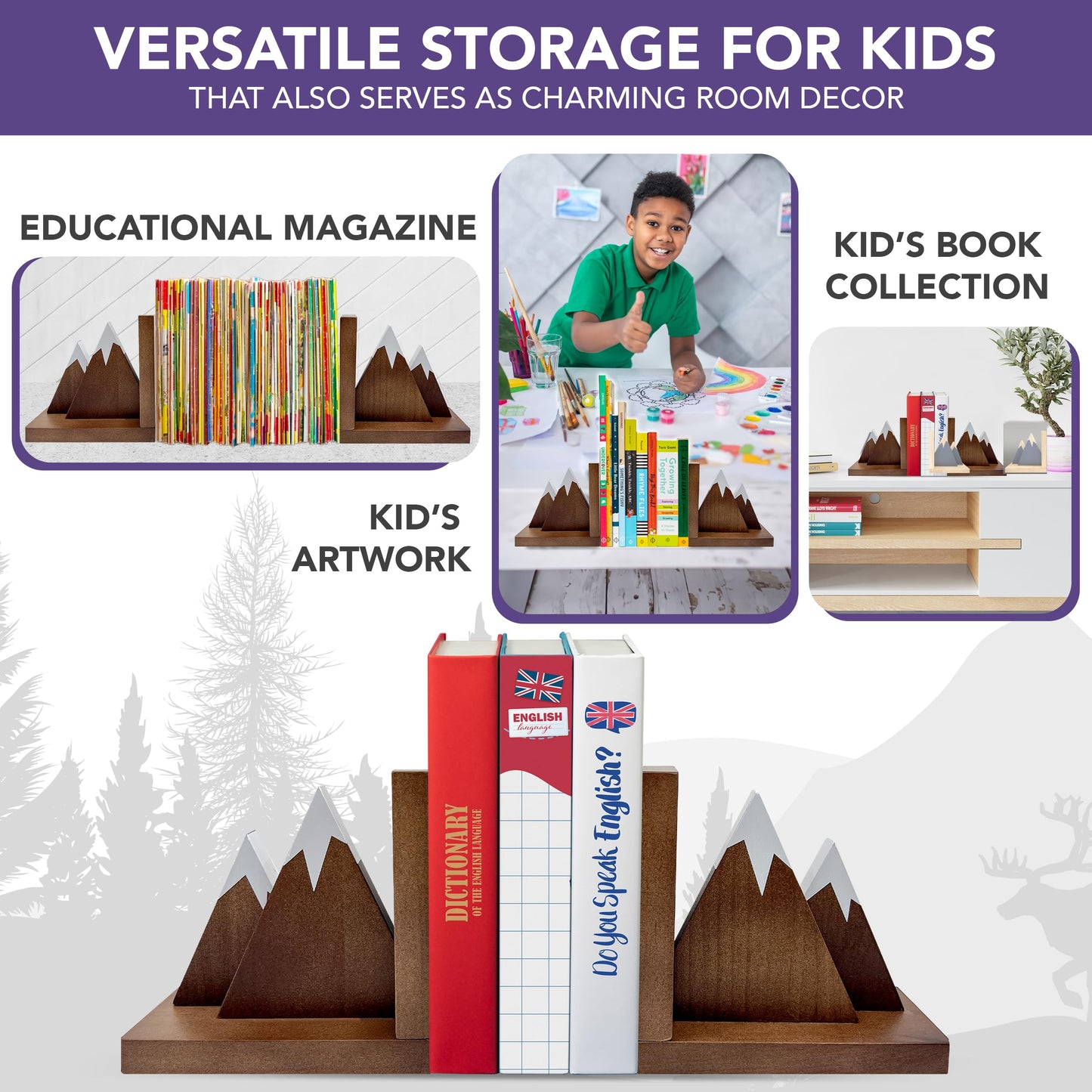 Decorably Dark Walnut Mountain Book Ends for Kids Books - 1 Set Non-Skid Wooden Mountain Bookends for Kids - Kid's Room, Nursery, Classroom