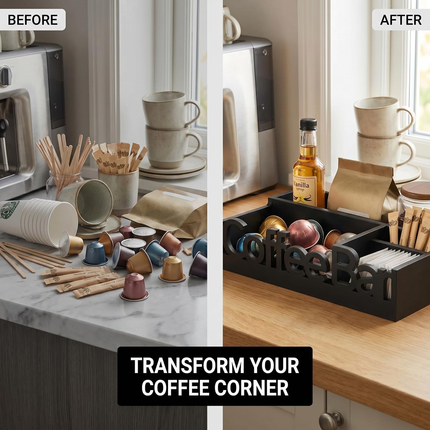 Coffee Bar Organizer Countertop,Wood Caddy with Compartments for Pods,Black