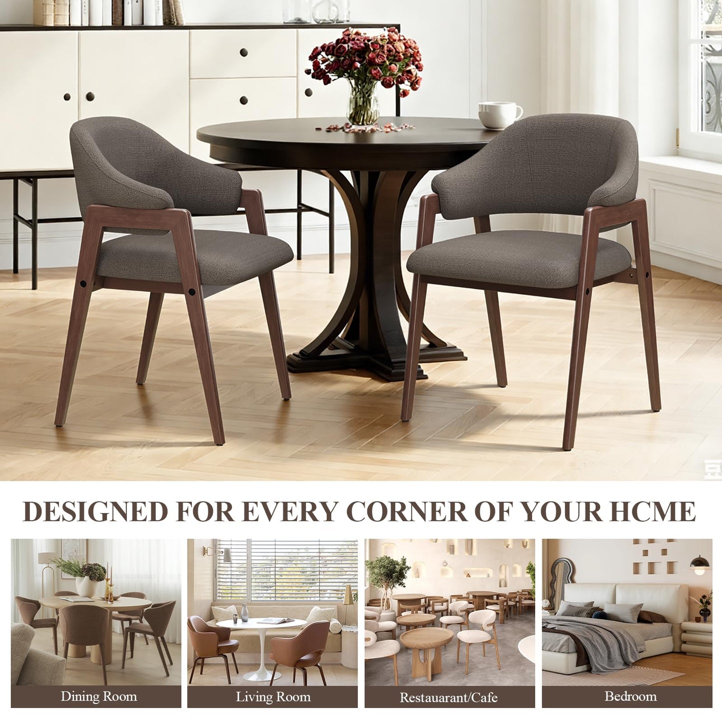 MALOL Wooden Dining Chairs Set of 4, Modern Fabric Upholstered Dining Room Chair, Kitchen Side Chairs, Farmhouse Dinner Chair with Curved Open Back for Kitchen, Camel