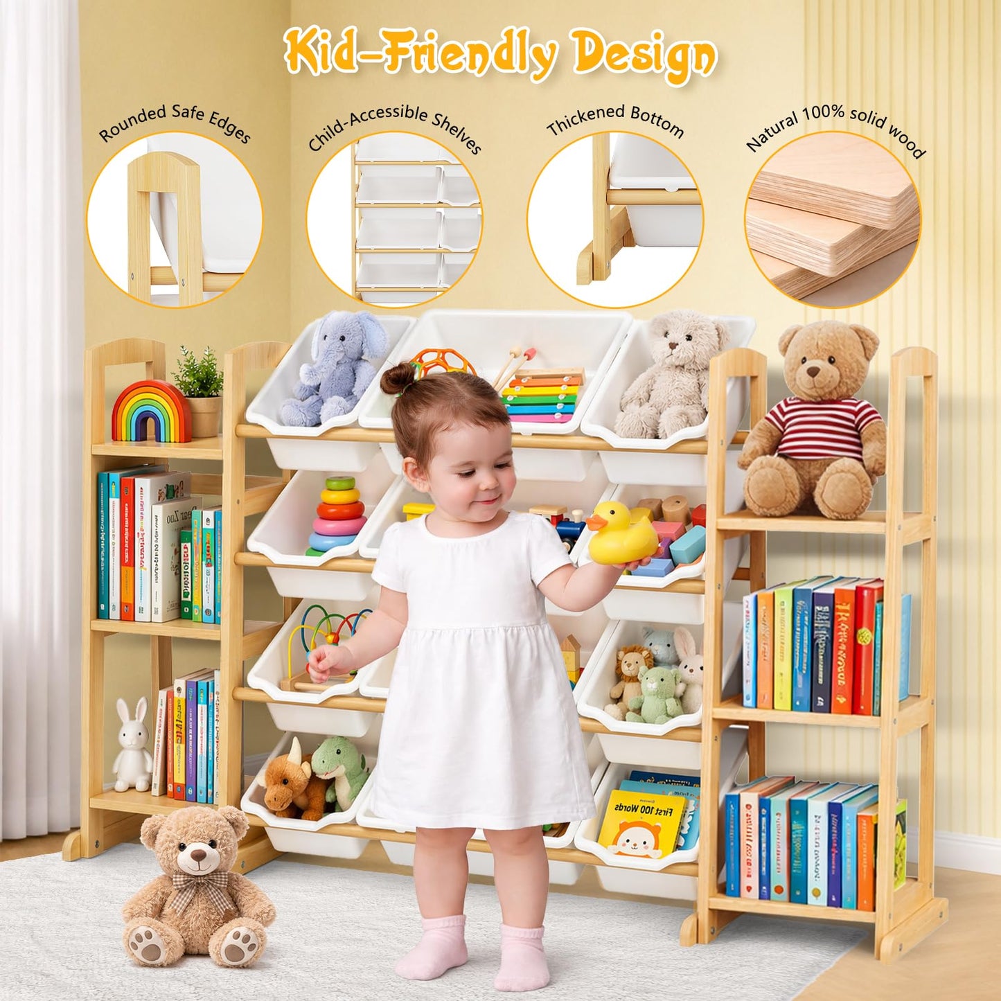 Etitlly Toy Storage Organizer with Bookshelf – Wooden Toy Organizer with 12 Toy Bins & 6 Tier Bookcase,Quick Assembly Kids Bookshelf,Toy Bin for Playroom, Bedroom, Nursery– White