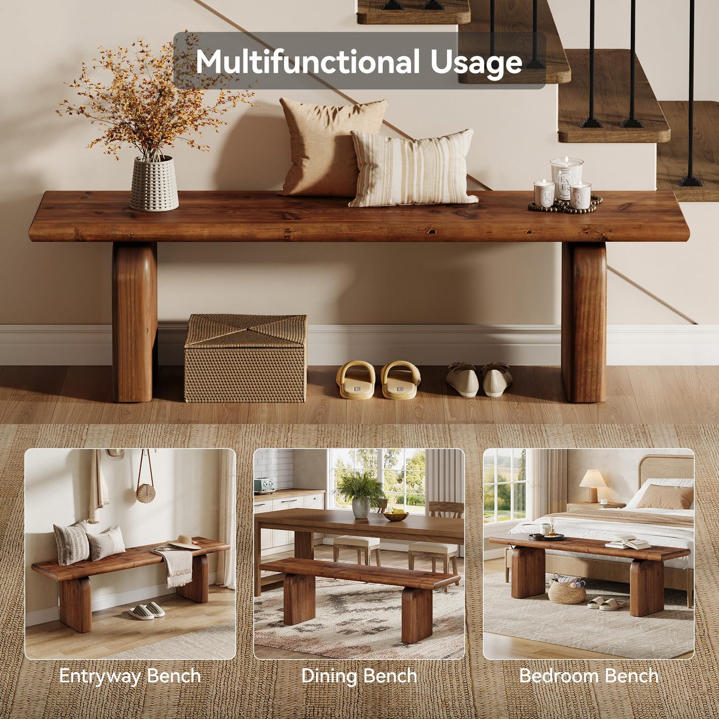 TRIBEWOOD 62.99-Inch Solid Wood Entryway Bench, Farmhouse Indoor Wooden End of Bed Bench for Entryway, Hallway, Bedroom, Dining Room, Living Room, Easy Assembly, Rustic Brown