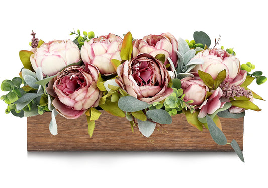 Scawim Pre-Made Flower Table Centerpieces for Dining Room Wedding Artificial Peony Table Decorations Wood Tray with Fake Flowers for Living Room Party Bar Kitchen Table(Vintage Pink)