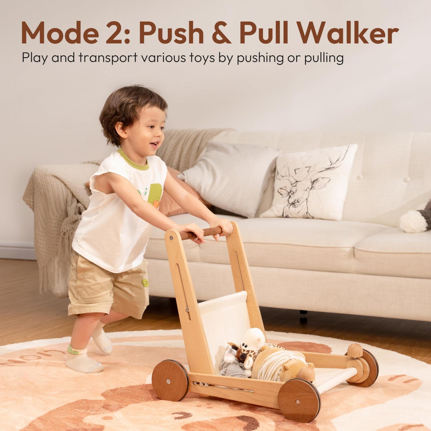 Woodtoe Wooden Baby Walker, 4-in-1 Montessori Baby Push Walker, Adjustable Speed Baby Push Toys, Wood Balance Bike, Educational Learning to Walk Birthday Toys Gift for Toddler 1 2 3 Year Old