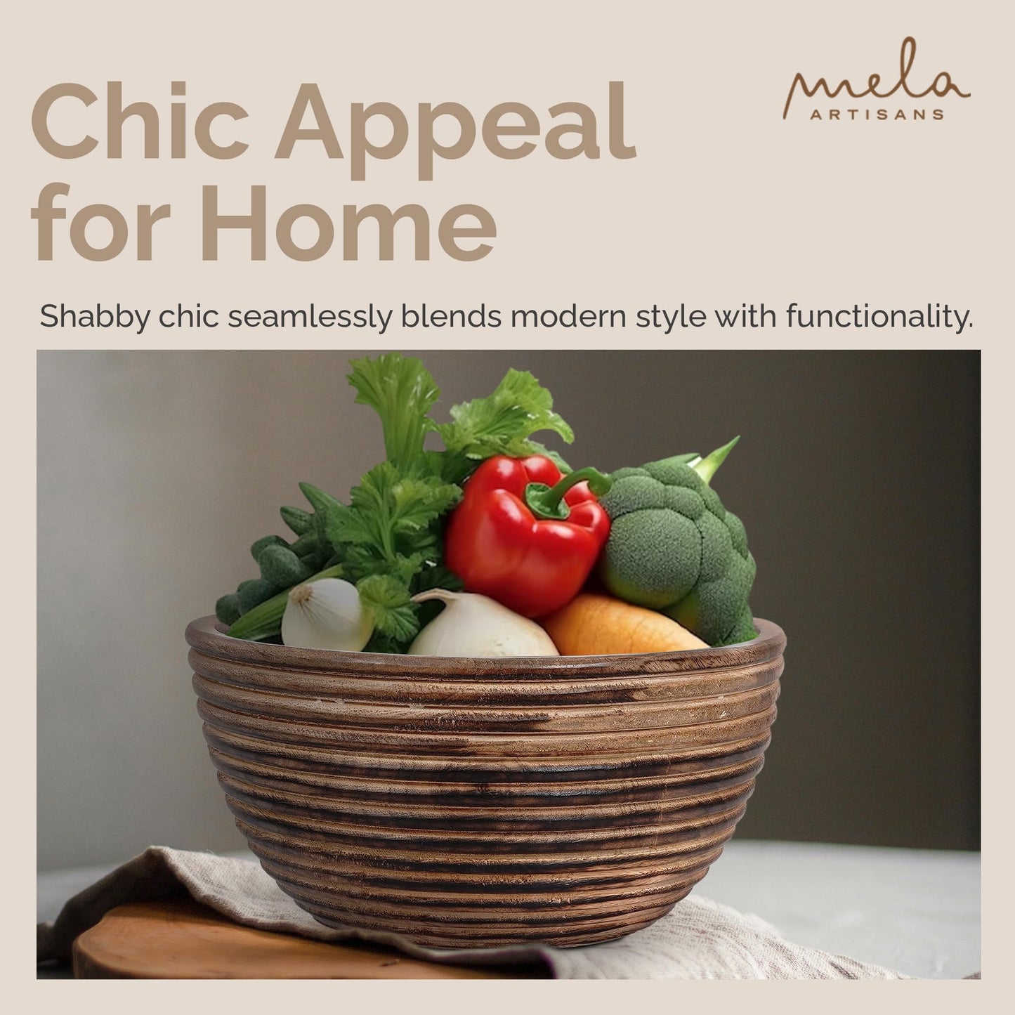 Mela Artisans Wooden Fruit Bowl | Dark Burnt Finish | 9” Decorative Mango Wood Serving Bowl | Multipurpose for Kitchen Countertop | Salad | Snacks | Fruit | Breads & More | Natural Grain Look