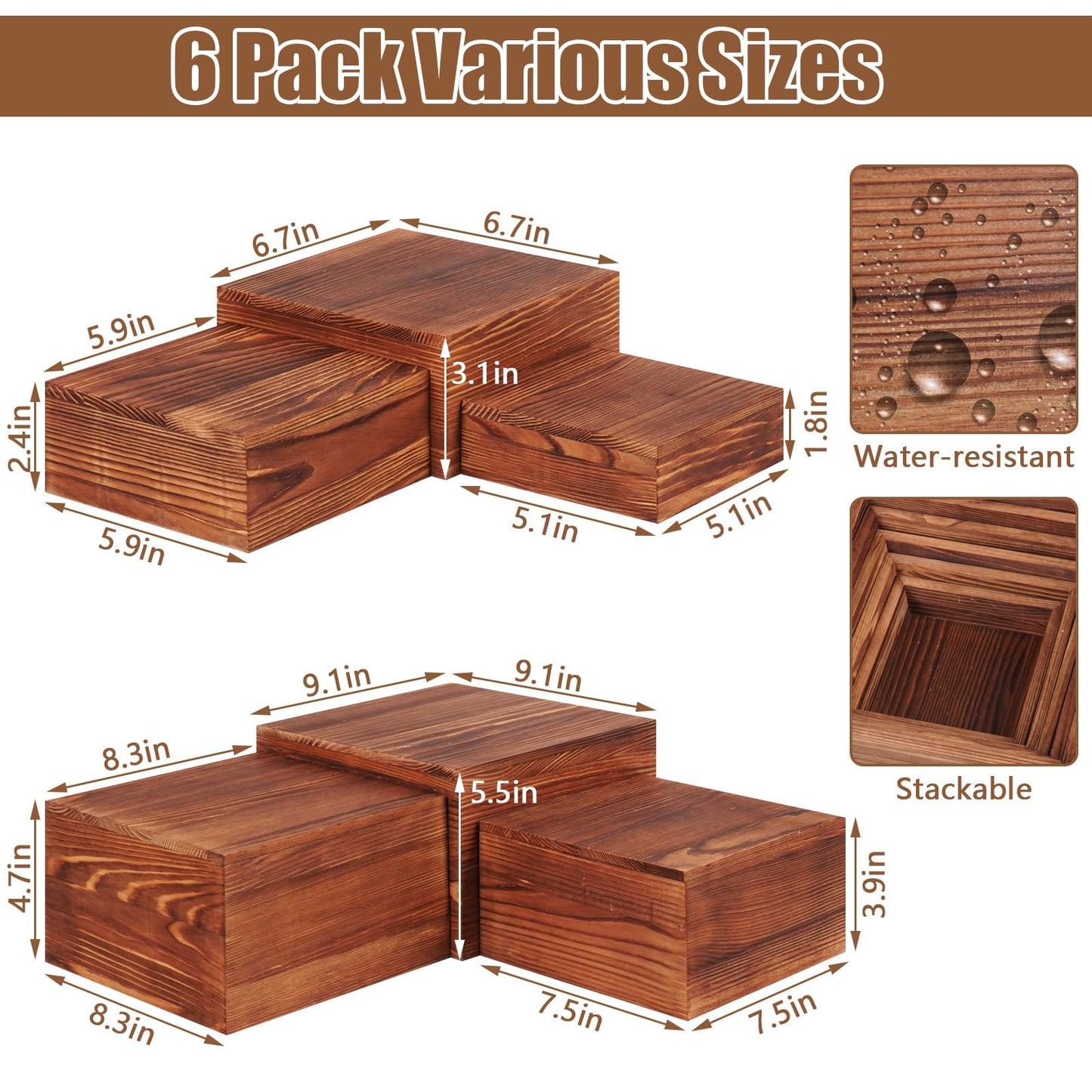 HTRYBNES 6 Pack Wooden Buffet Risers and Stands, Rustic Food Risers for Buffet Table, Risers Display Stands, Wood Cake Cupcake Stands for Wedding Party, Food Display, Collectibles