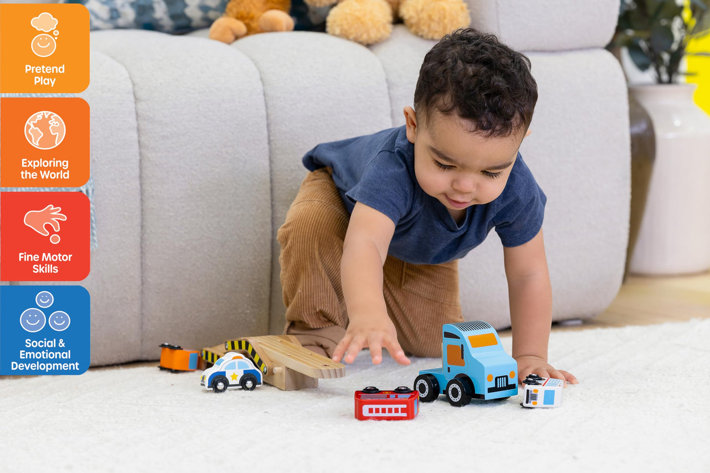 Jasey's Toy Chest Wooden Off to the Rescue Vehicle Carrier - 6-Piece Fire & Rescue Wooden Toy Set for Kids Ages 3+ | Oppenheim Award Winner