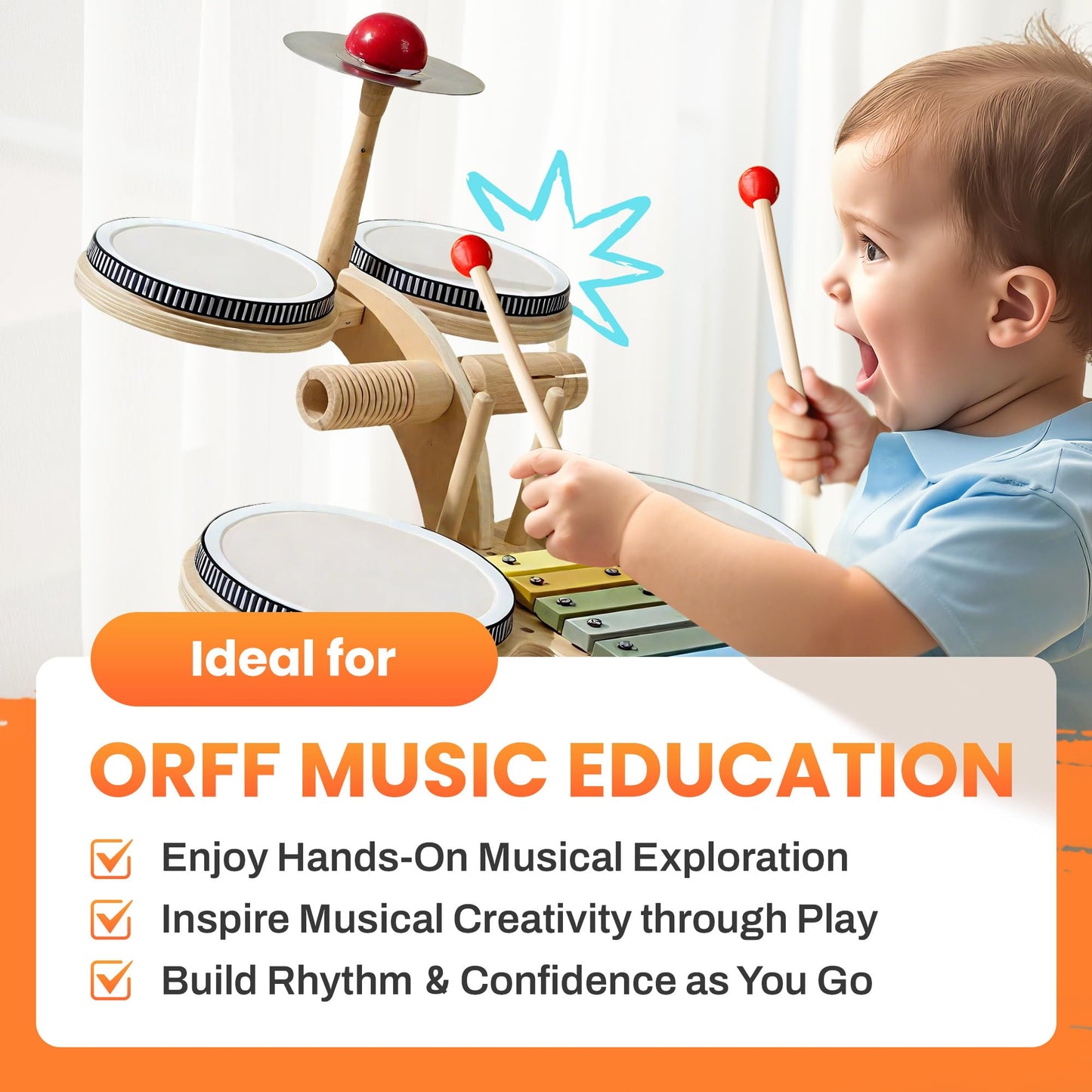 iPlay, iLearn Toddler Wooden Drum Set, Kids Musical Instruments Toy, 8 in 1 Percussion Drum Kit W/Xylophone Cymbal, Baby Montessori Learning Birthday Gifts for 18 Month, 2 3 4 5 6 Year Old Boy Girl